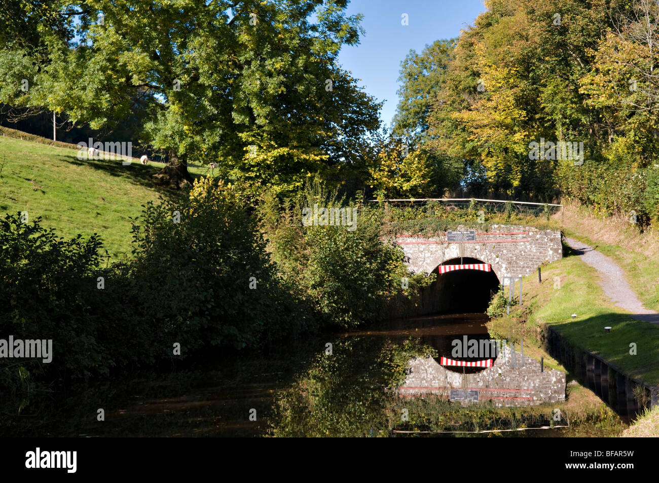 Ashford tunnel on the Monmouth and Brecon Canal taken near Llangynidr mid Wales with perfect reflection Stock Photo