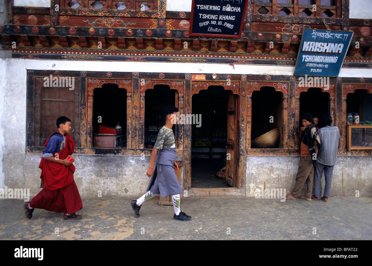 Street scene in Paro valley. Rinpung Dzong. Bhutan Stock Photo