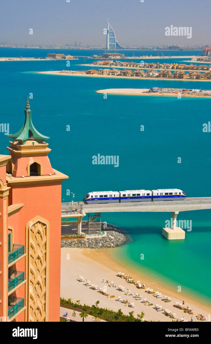 View of Dubai and Atlantis Hotel and monorail train in United Arab Emirates Stock Photo