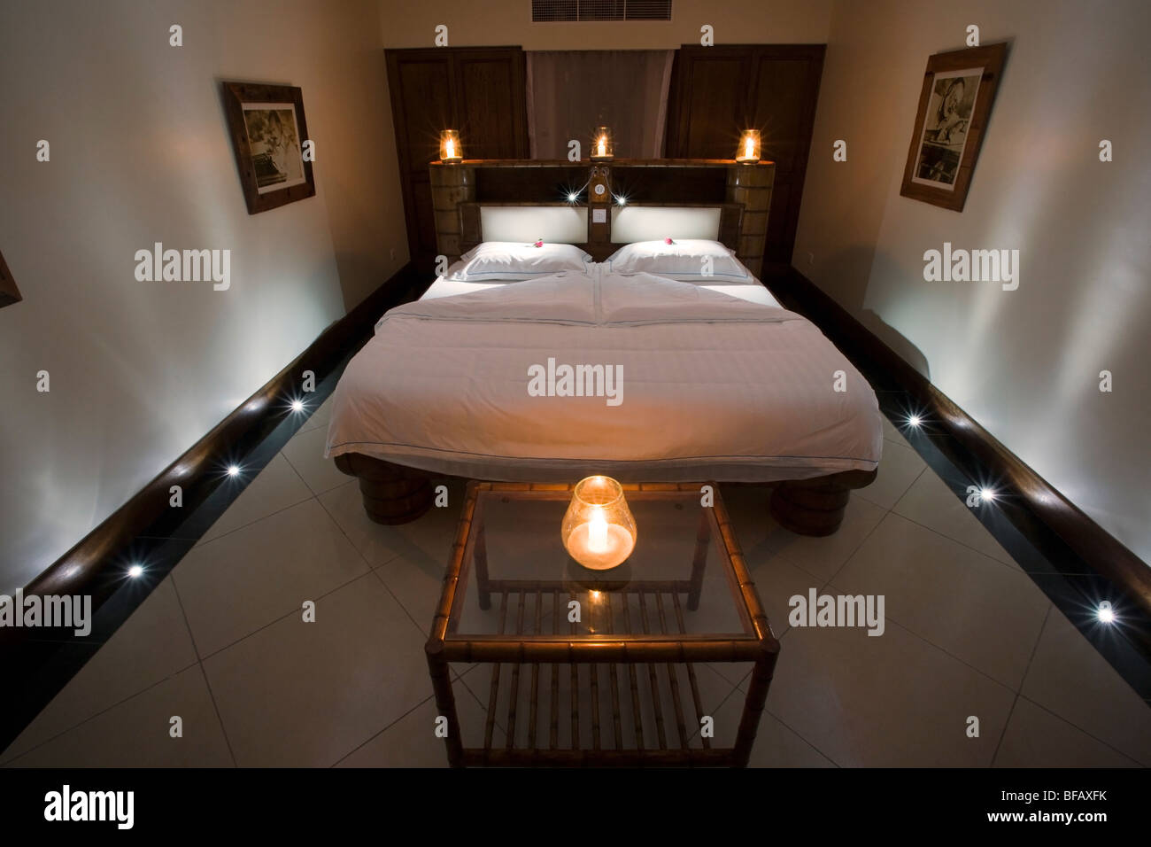 Room Interior View at Night - Hemingways Resort - Watamu, Kenya Stock Photo