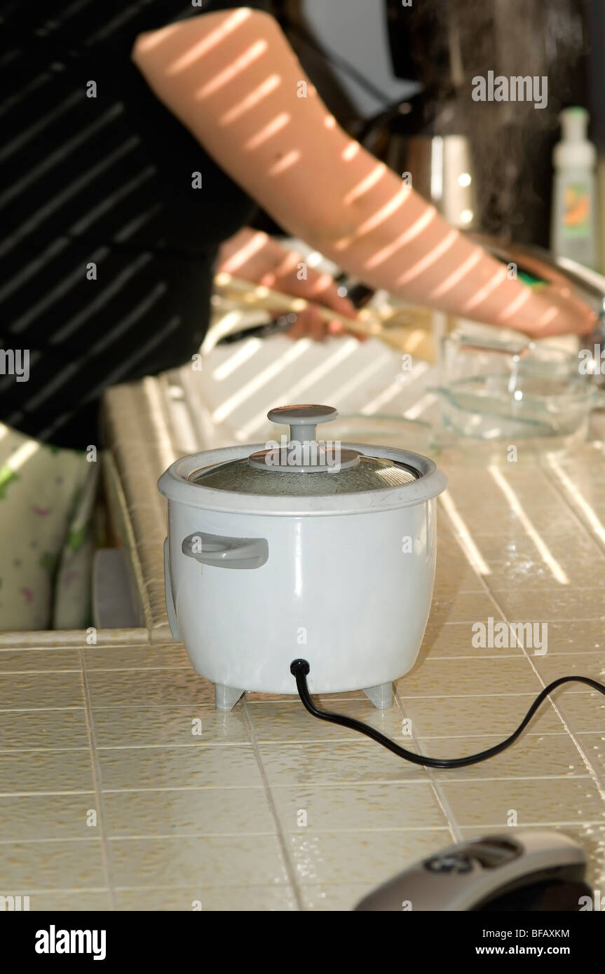 https://c8.alamy.com/comp/BFAXKM/woman-washing-dishes-with-an-electric-rice-cooker-boils-the-rice-BFAXKM.jpg