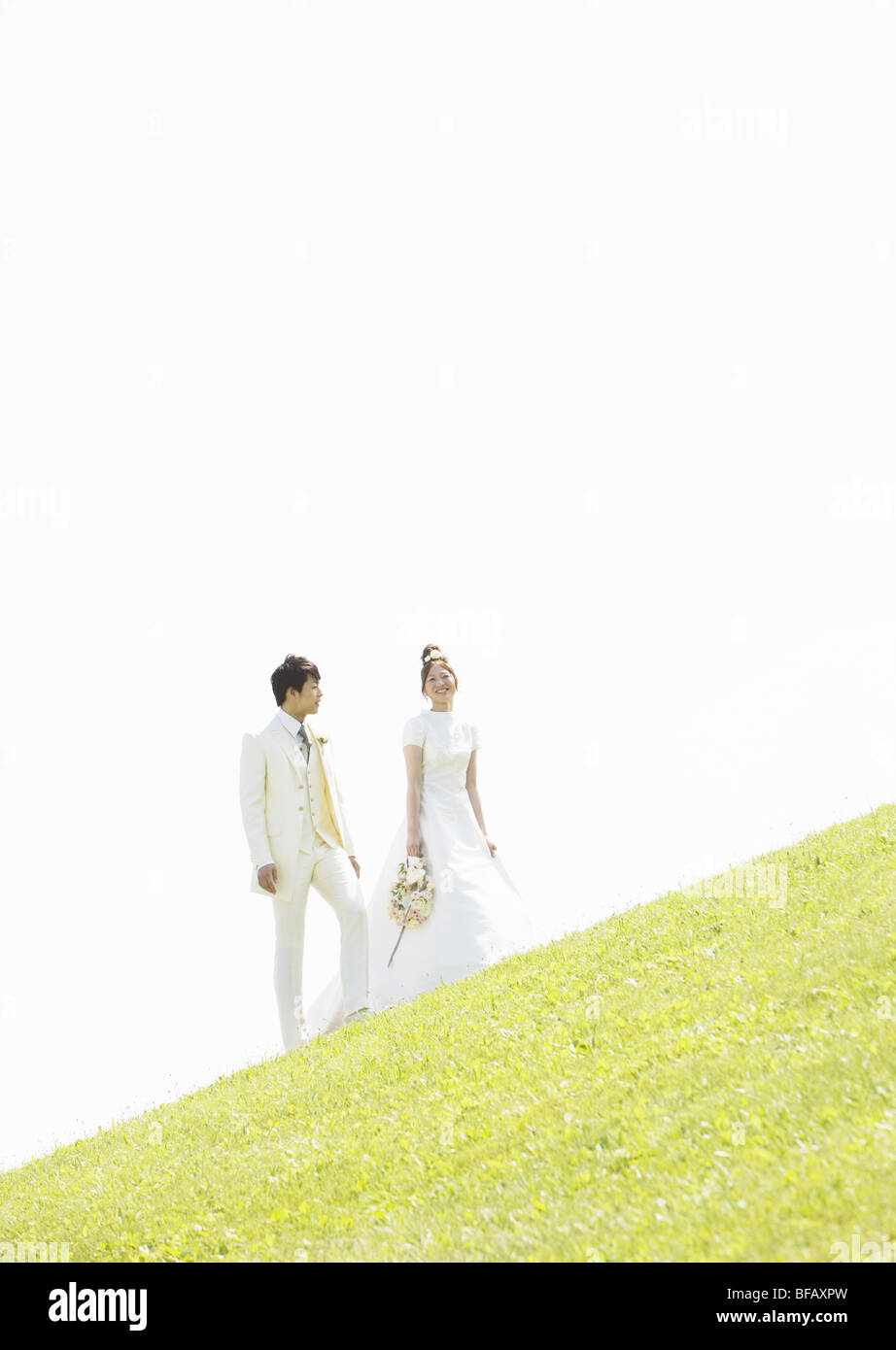 Bridal couple walking on grass Stock Photo - Alamy