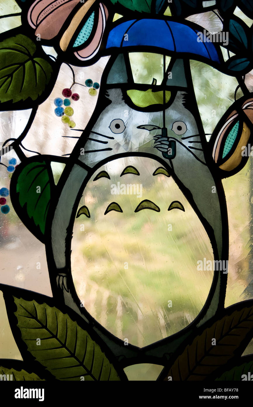 Stained glass window depicting one of the most famous of Miyazaki's animation characters- 'Totoro',Ghibli Museum, Tokyo. Stock Photo