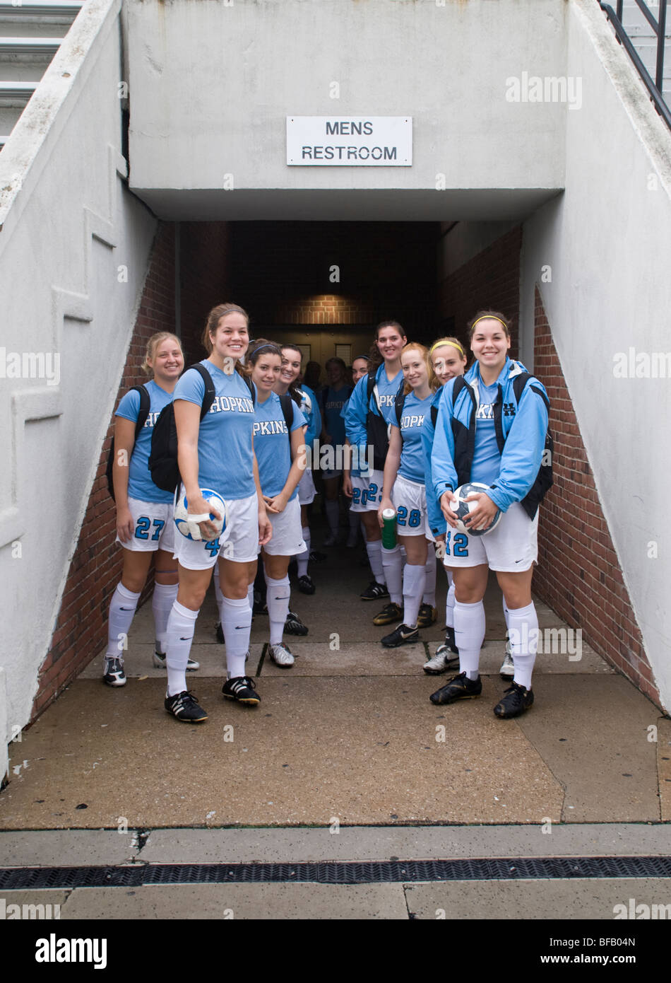 The girl's soccer team at Johns Hopkins University pose for a pre-game shot before going out onto the field. Stock Photo