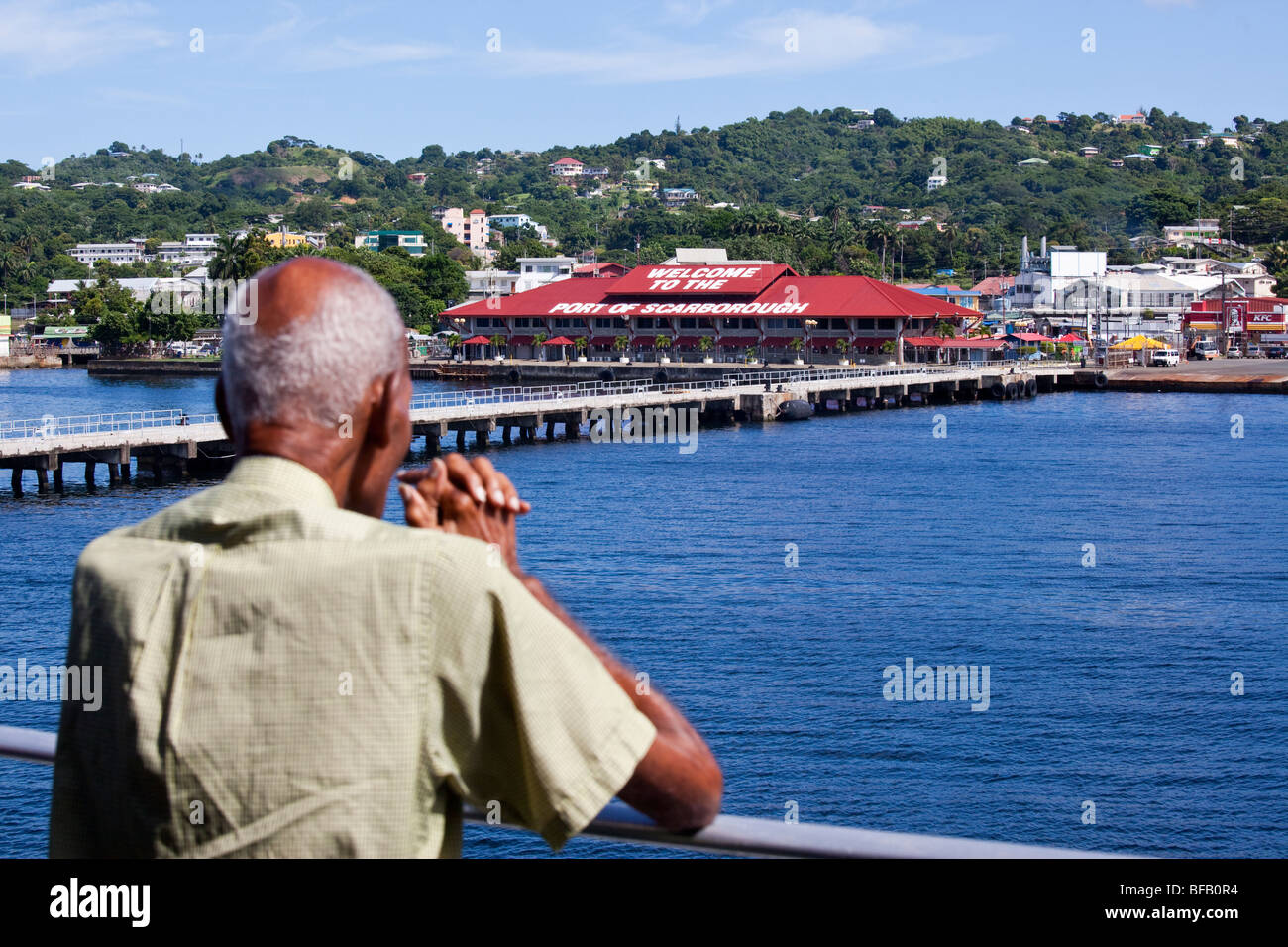 Ferry arriving in the Port of Scarborough on Tobago Stock Photo