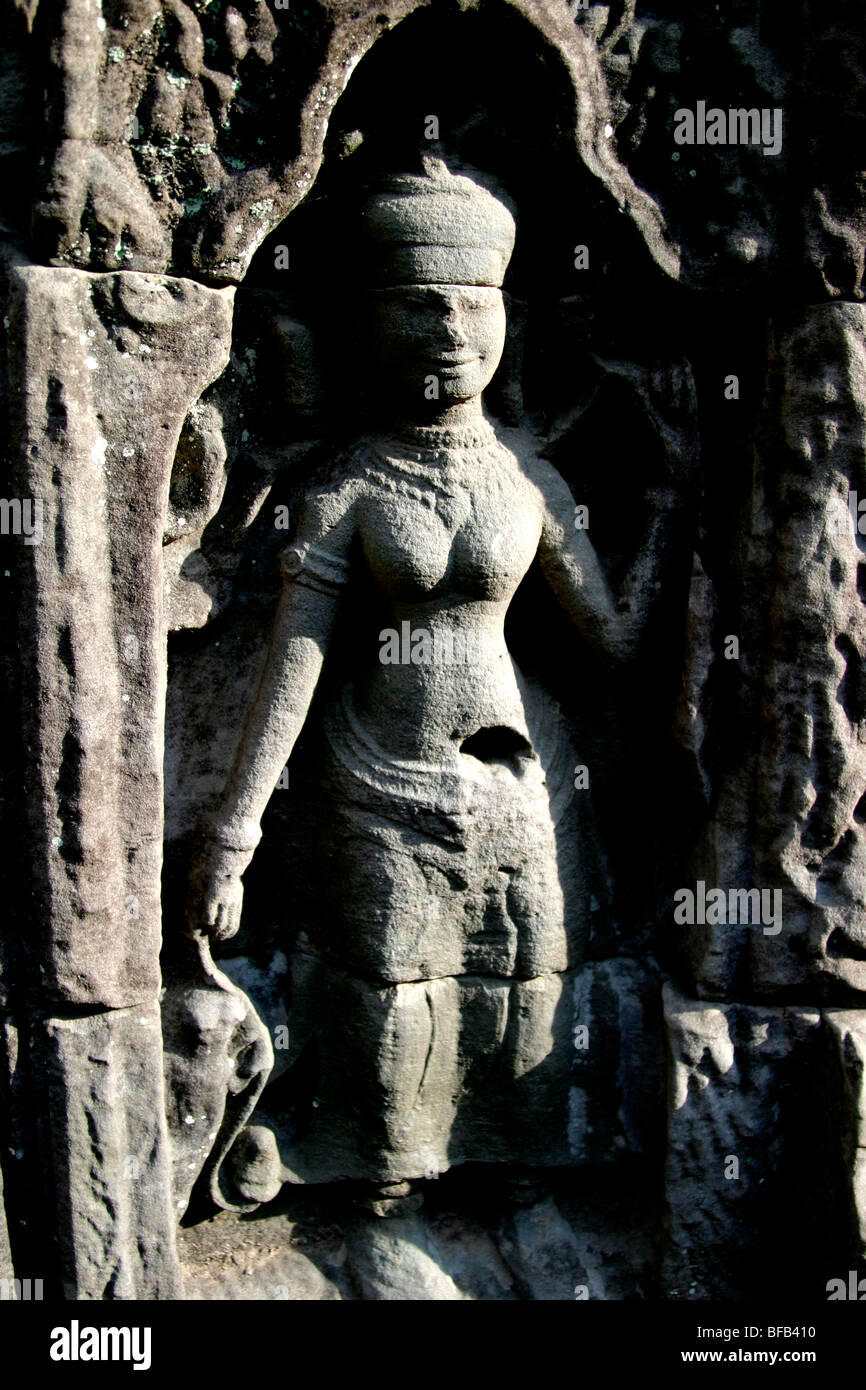 Relief carving of a woman, Ta Som temple at Angkor Wat, Siem Reap, Cambodia Stock Photo