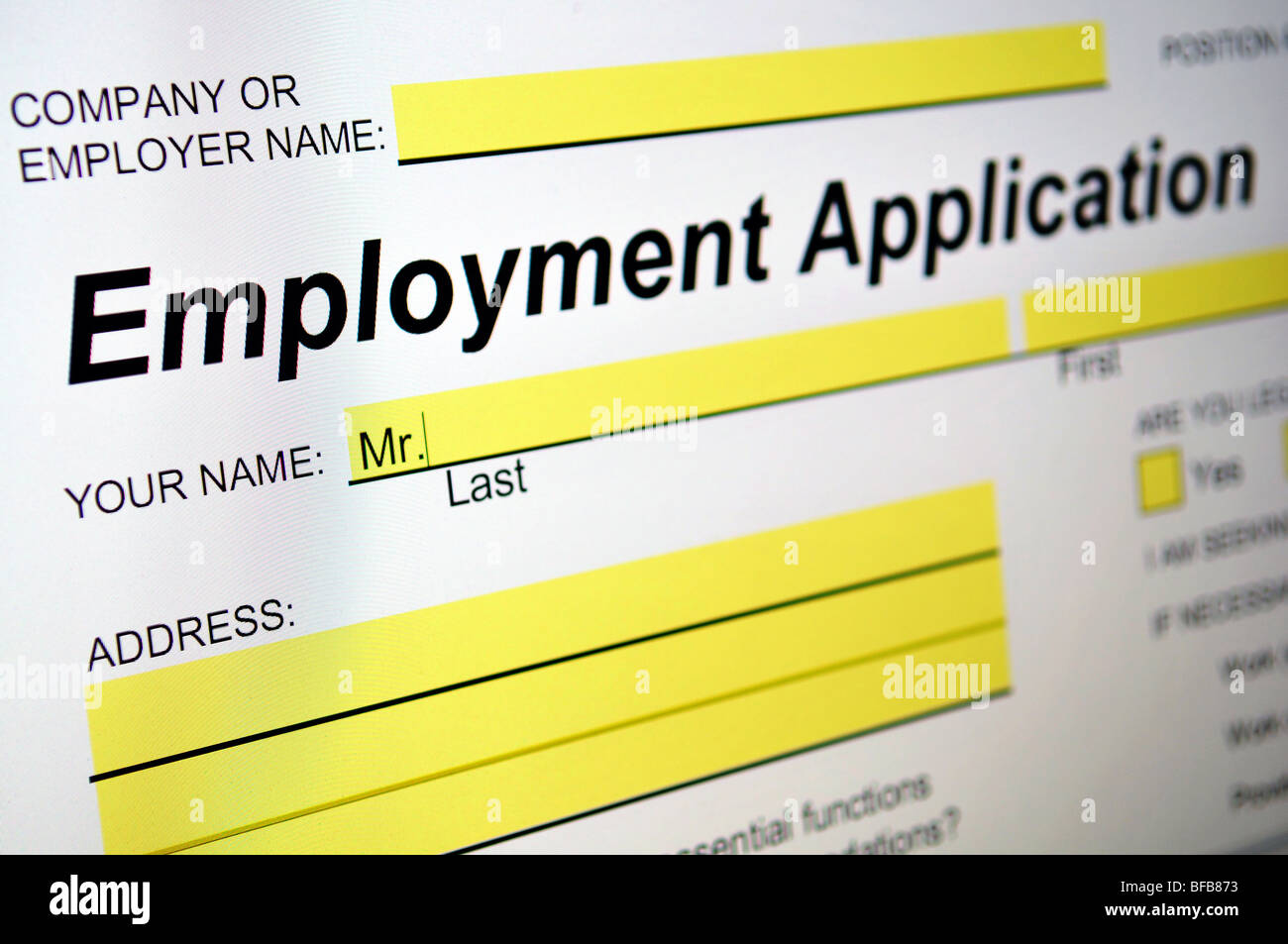 Employment Application on computer screen Stock Photo