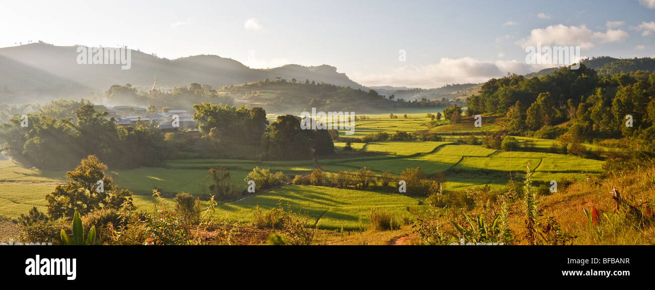 A rural village and  rice fields near Kalaw, Shan State, Myanmar Stock Photo
