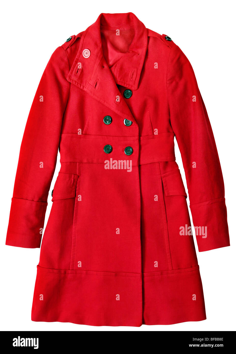Woman red long coat isolated on white background Stock Photo