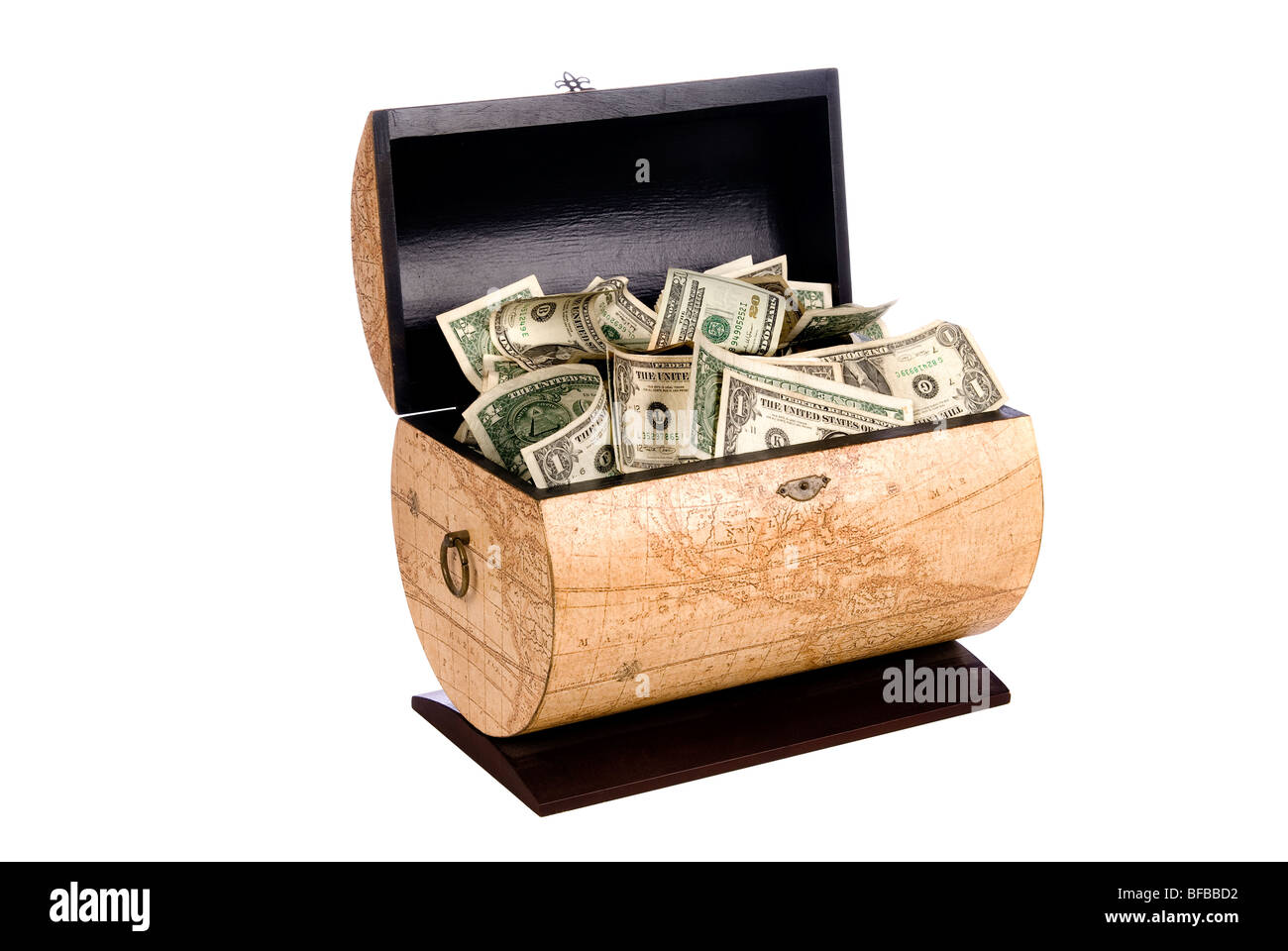 A wooden box full of cash is a treasure of economic wealth. Stock Photo