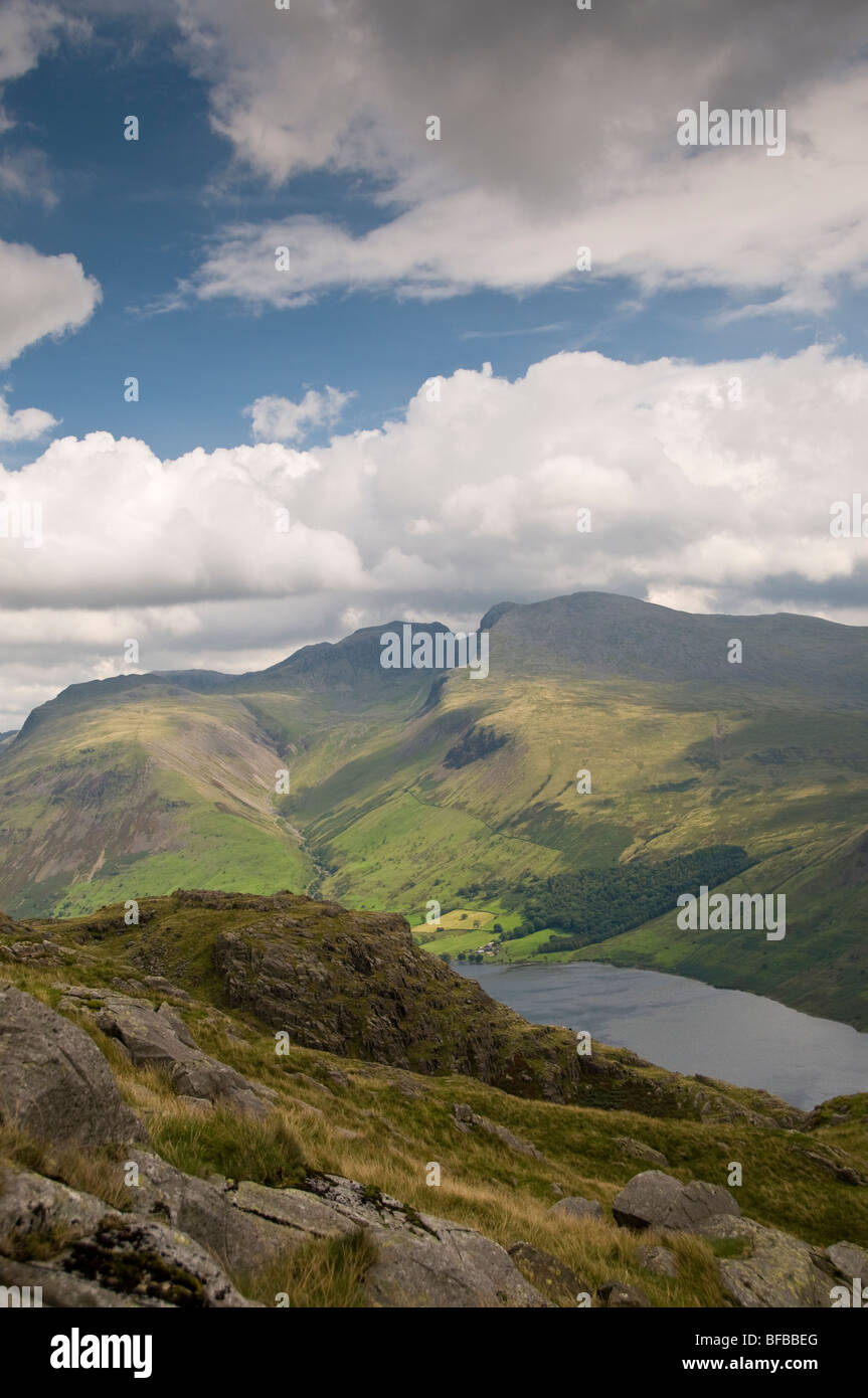 Scafell Pike and Scafell seen across Wast Water from Long Crag Stock Photo