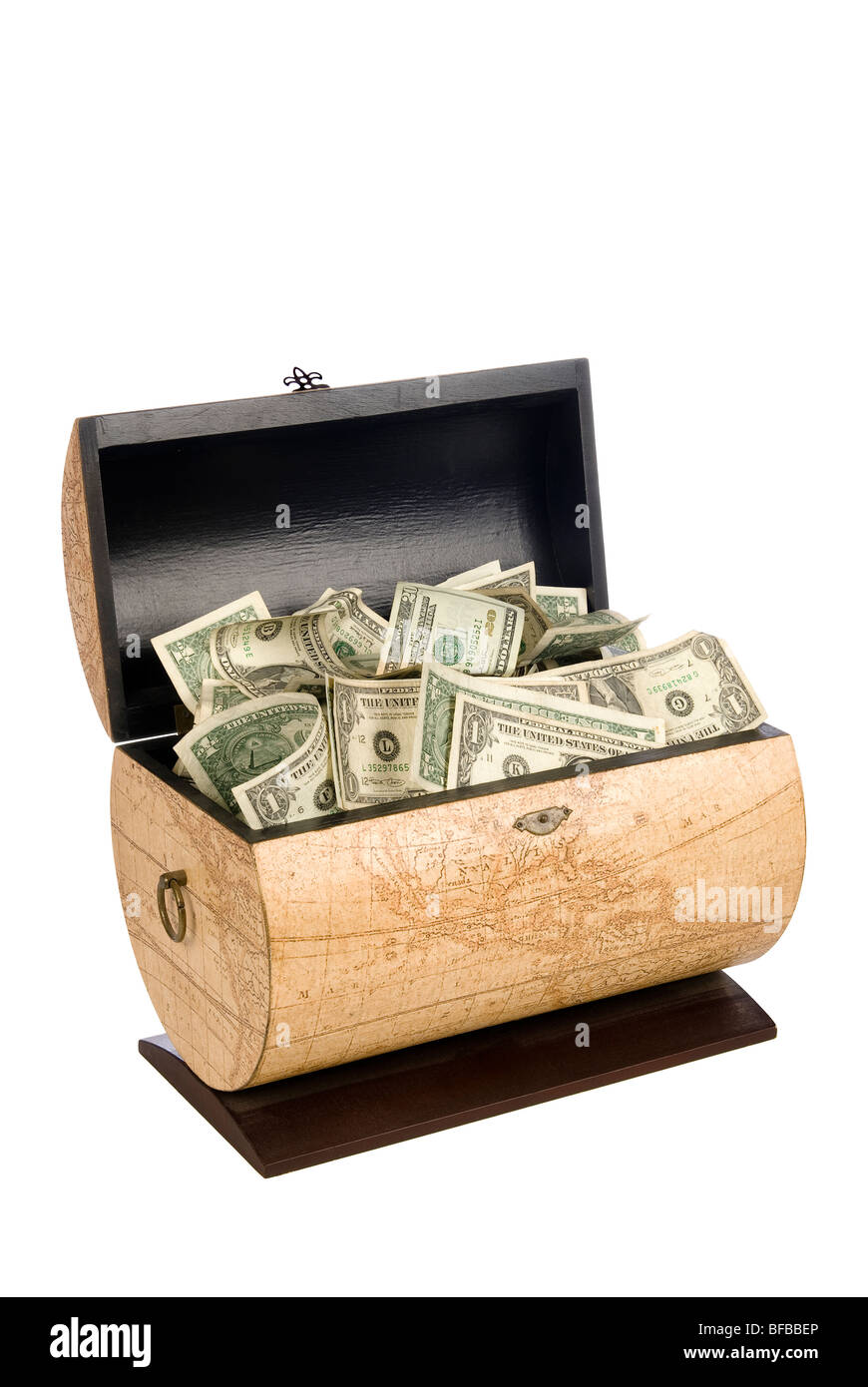 A wooden box full of cash is a economic and financial treasure for retirement. Stock Photo