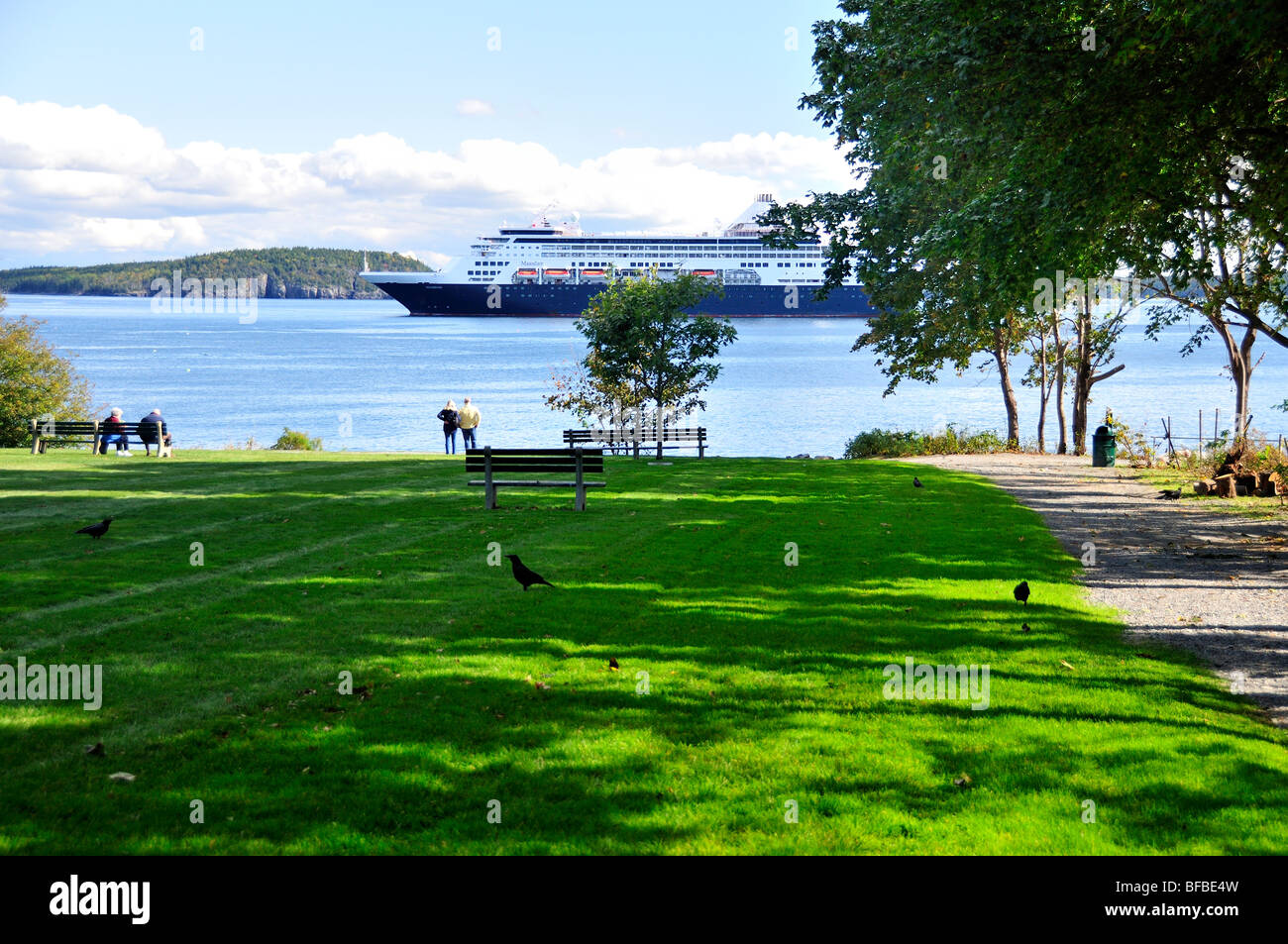 A view of Grant Park in Bar Harbor, Maine, USA, as tourists look out at