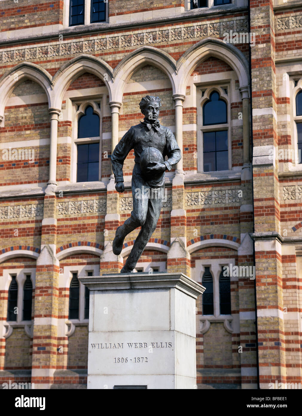 Statue of William Webb Ellis outside Rugby School, Rugby, Warwickshire, England. Stock Photo