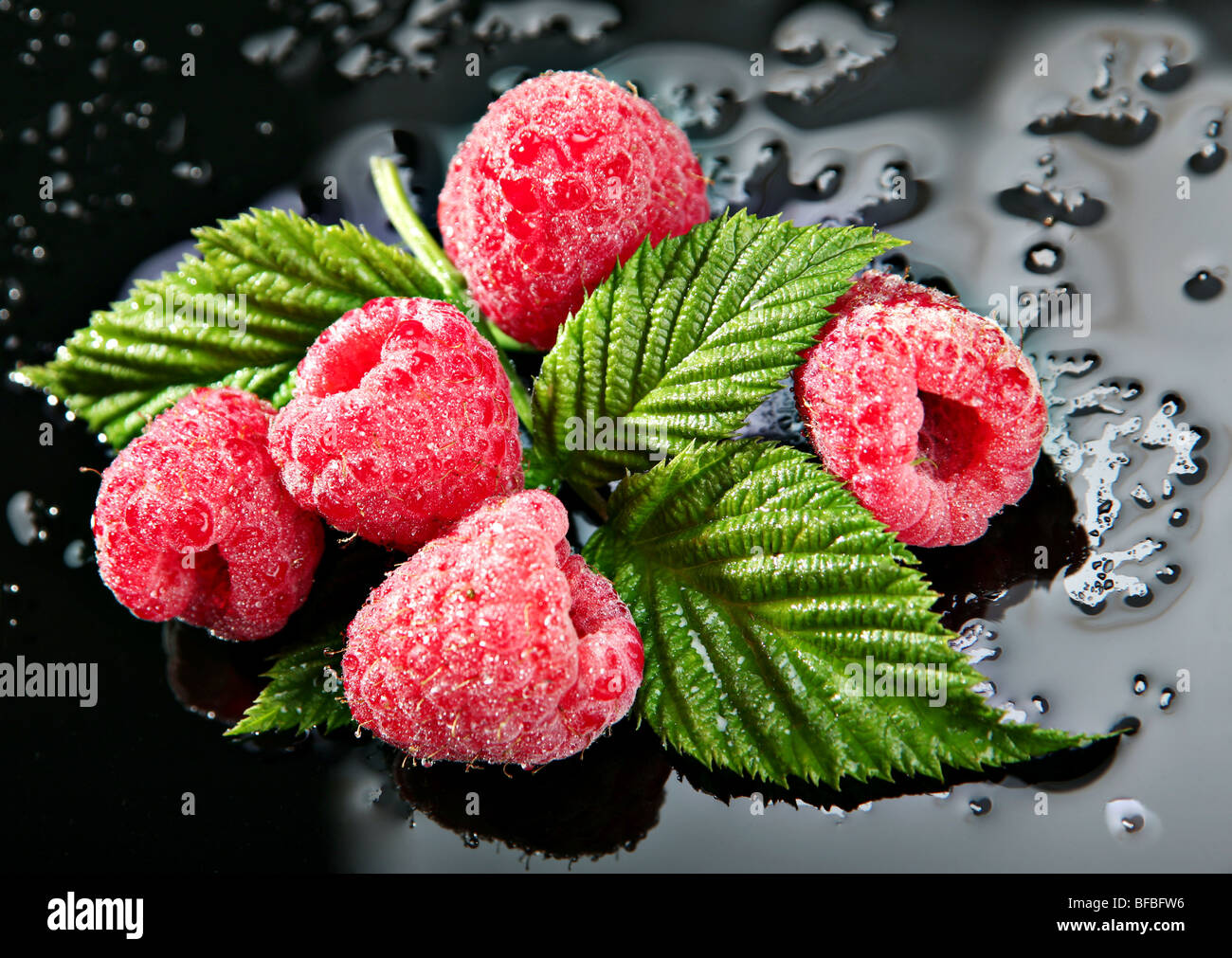 Raspberry on black background with water Stock Photo - Alamy