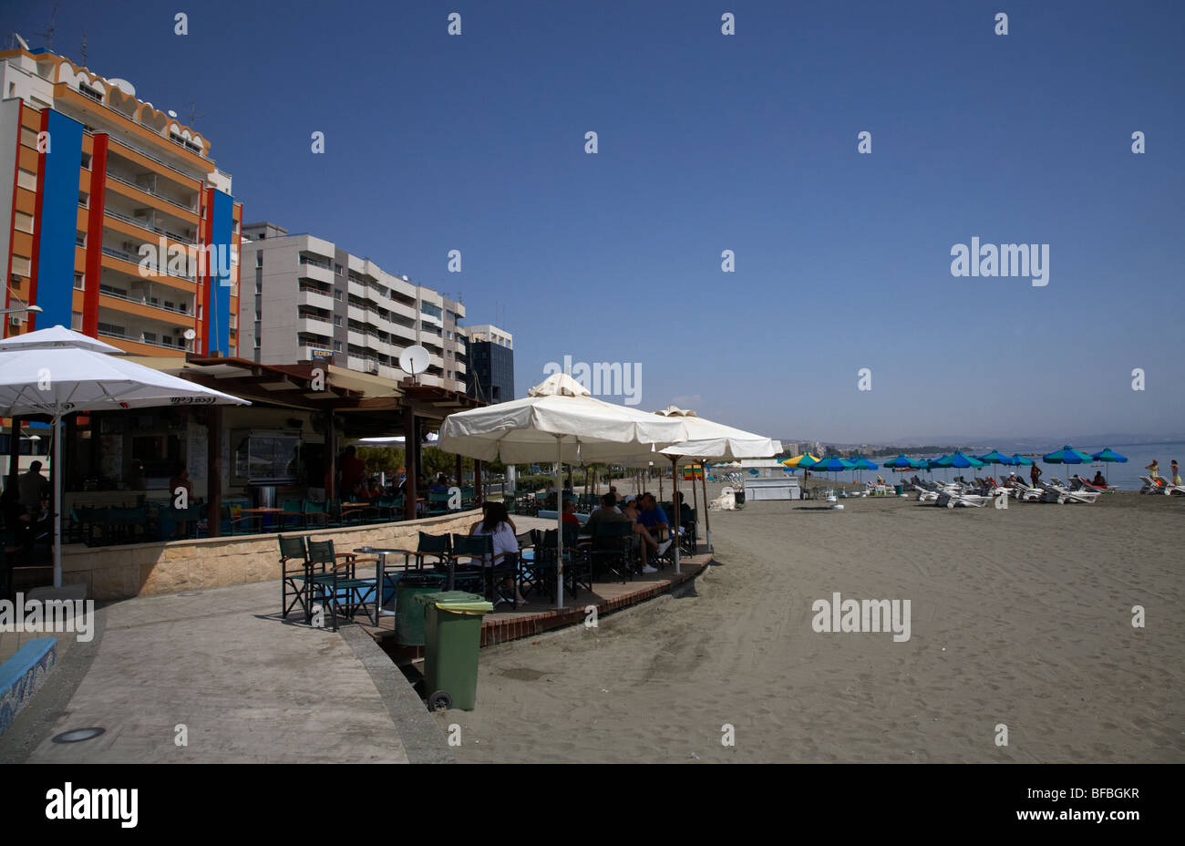 beachside cafe on sandy beach akti olympion Limassol lemesos republic of cyprus europe Stock Photo