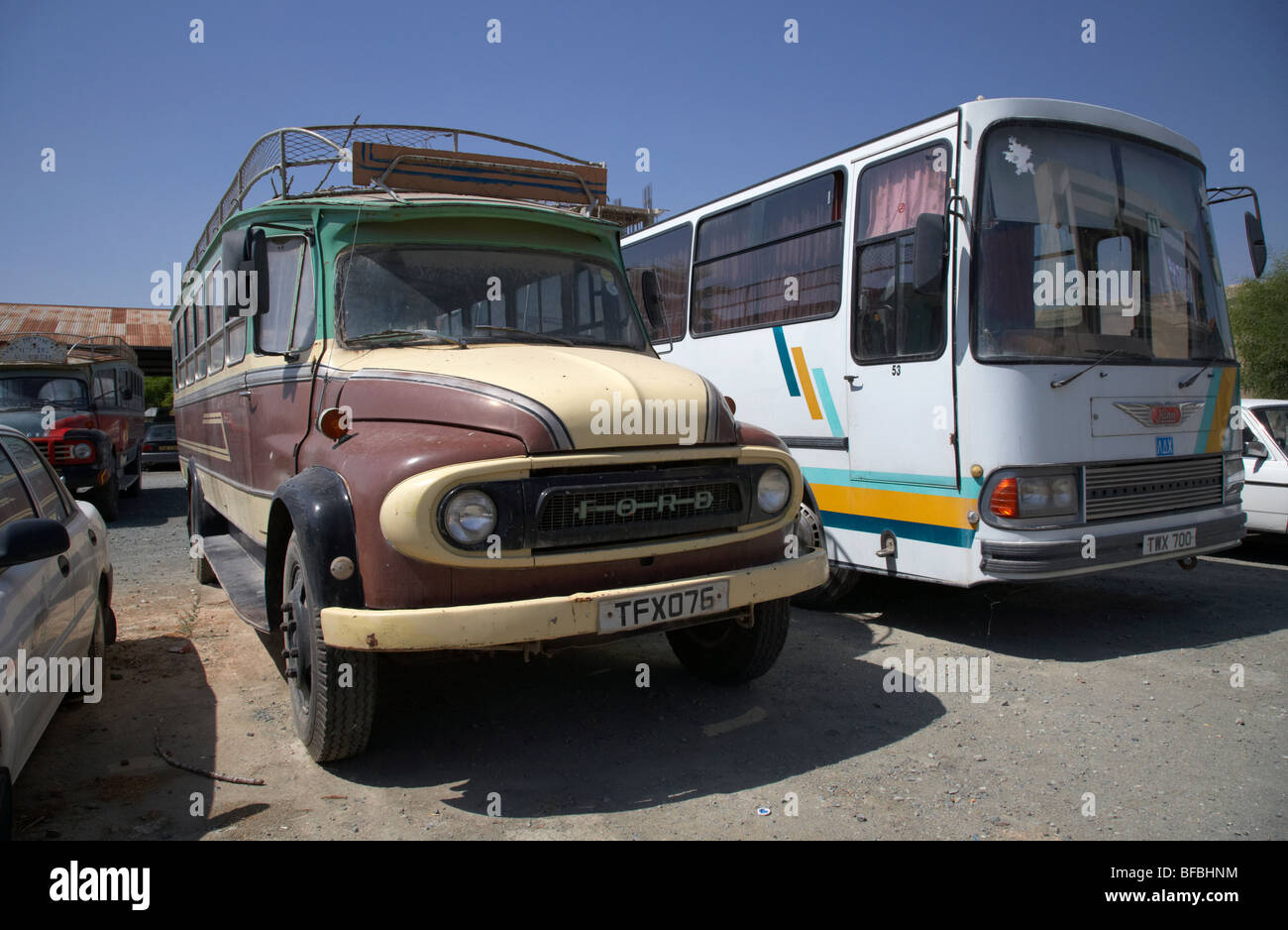 old traditional ford and hino bus coaches parked in Limassol lemesos republic of cyprus europe Stock Photo
