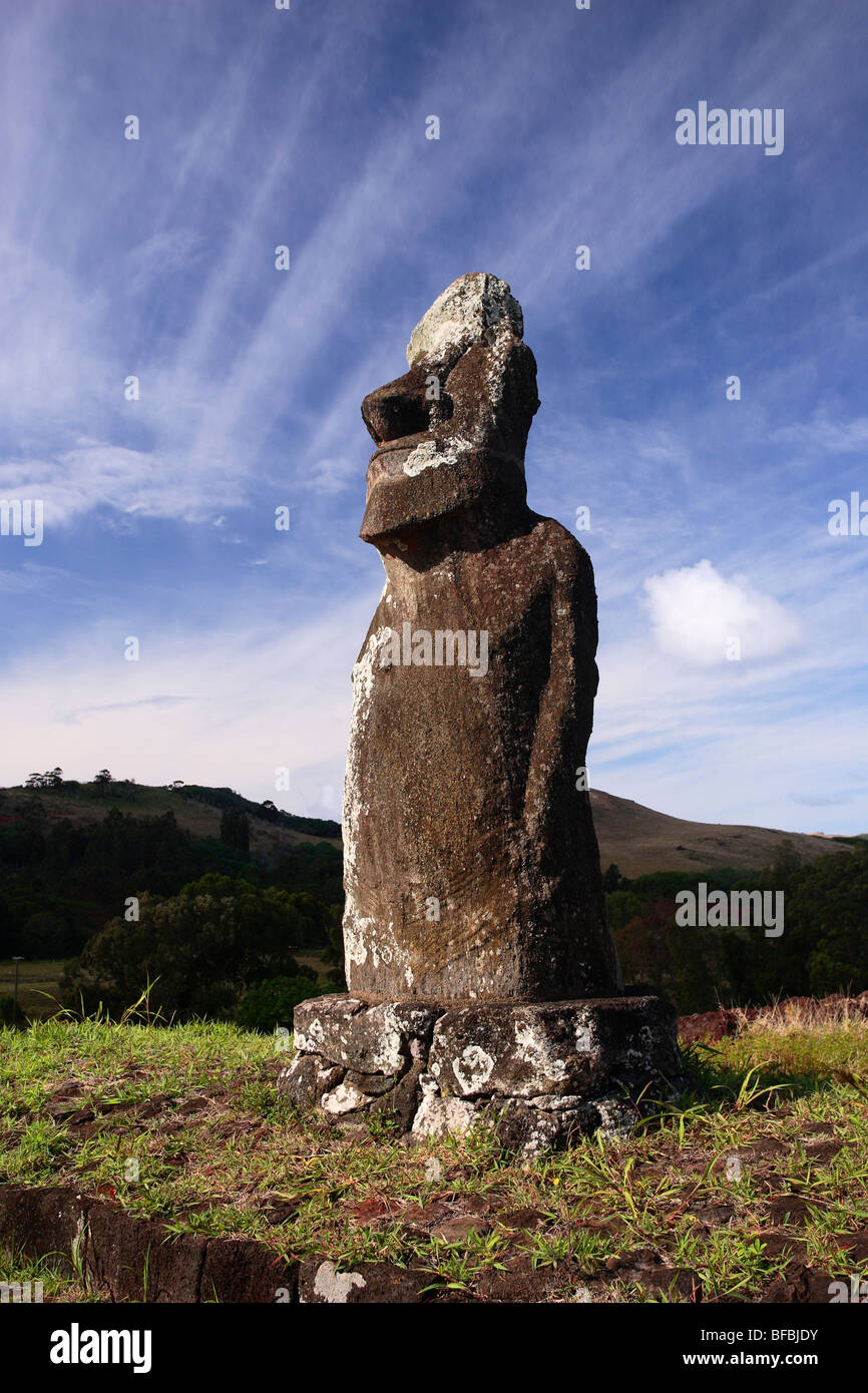 Giant moai statue stand erect in the Ahu Huri a Hurenga, Easter Island (Pascua or Rapa Nui