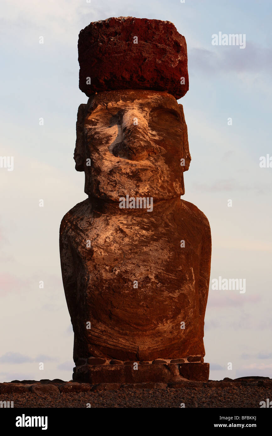 Giant moai statue with pukao stand erect in Ahu Tongariki, Easter Island (Pascua or Rapa Nui