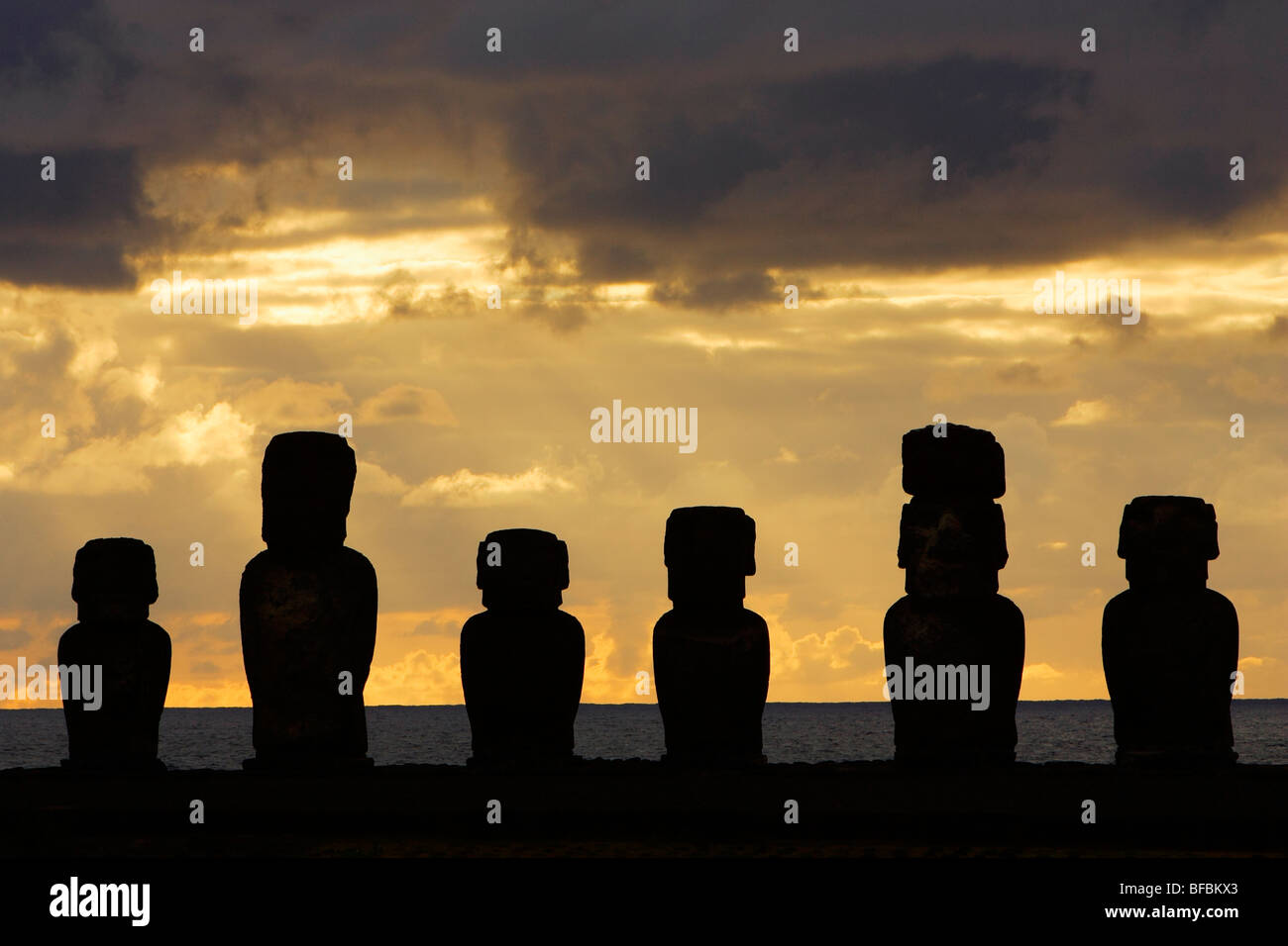 Giant moai statues in Ahu Tongariki at sunrise, Easter Island (Isla de Pascua or Rapa Nui