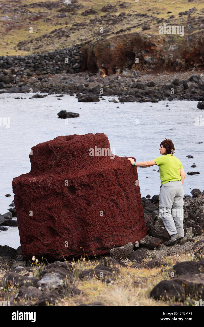 Fallen pukaos (Topknot) in Ahu Hanga Poukura, Easter Island (Pascua or Rapa Nui), Chile, Unesco World Heritage Site Stock Photo