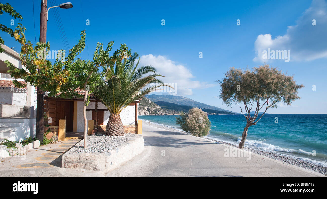 A drive along a beach with tamarisk trees, blue sky with clouds and beautiful water colours on a greek island. Stock Photo