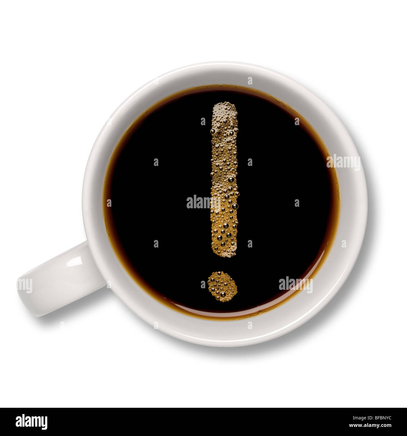 Top view of an isolated cup of coffee with a coffee bubble exclamation mark inside. Stock Photo
