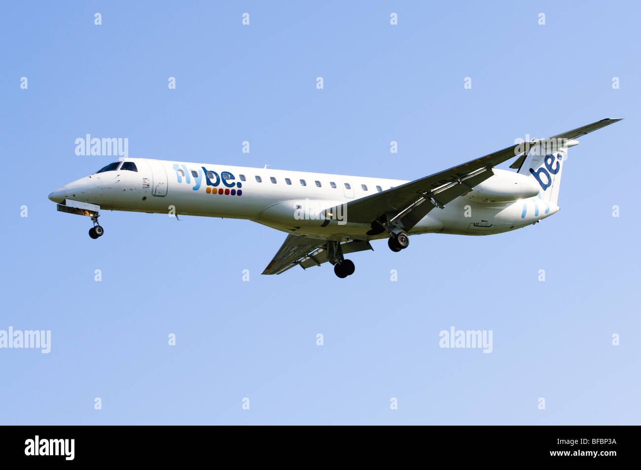 Embraer ERJ-145 operated by Flybe on approach for landing at Birmingham Airport Stock Photo
