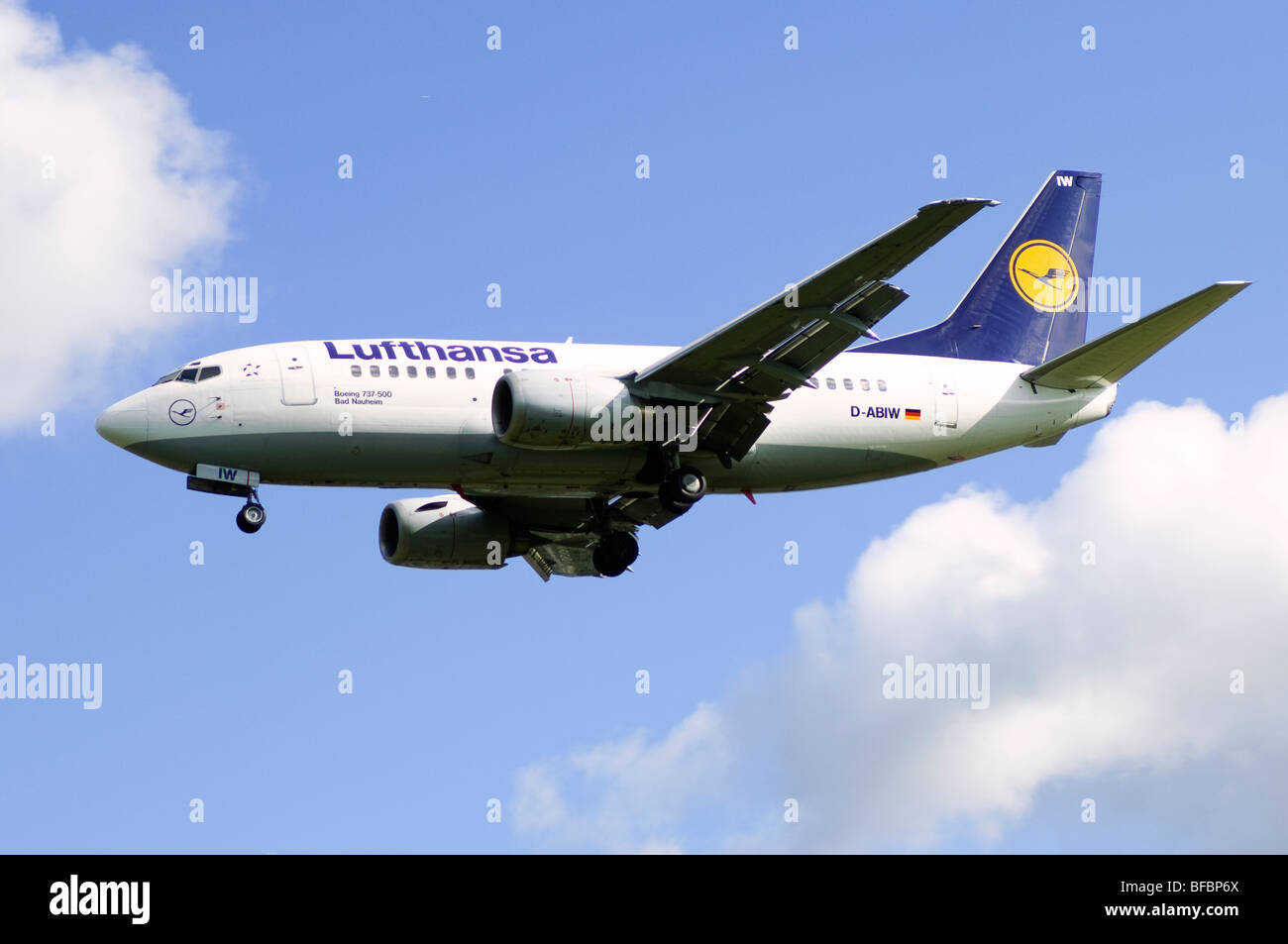Boeing 737 operated by Lufthansa on approach for landing at Birmingham Airport Stock Photo