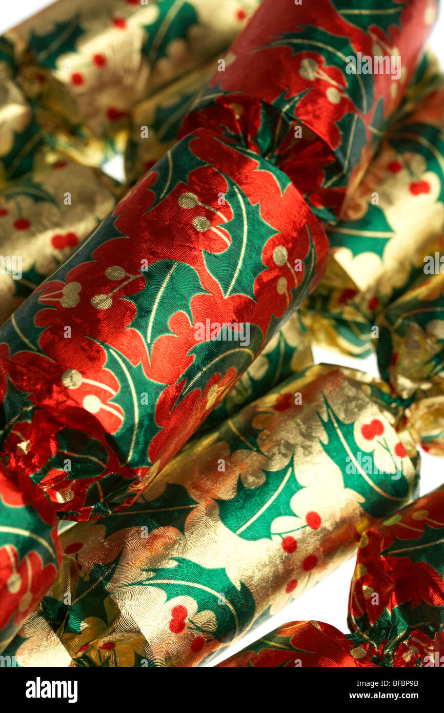 pile of christmas crackers Stock Photo