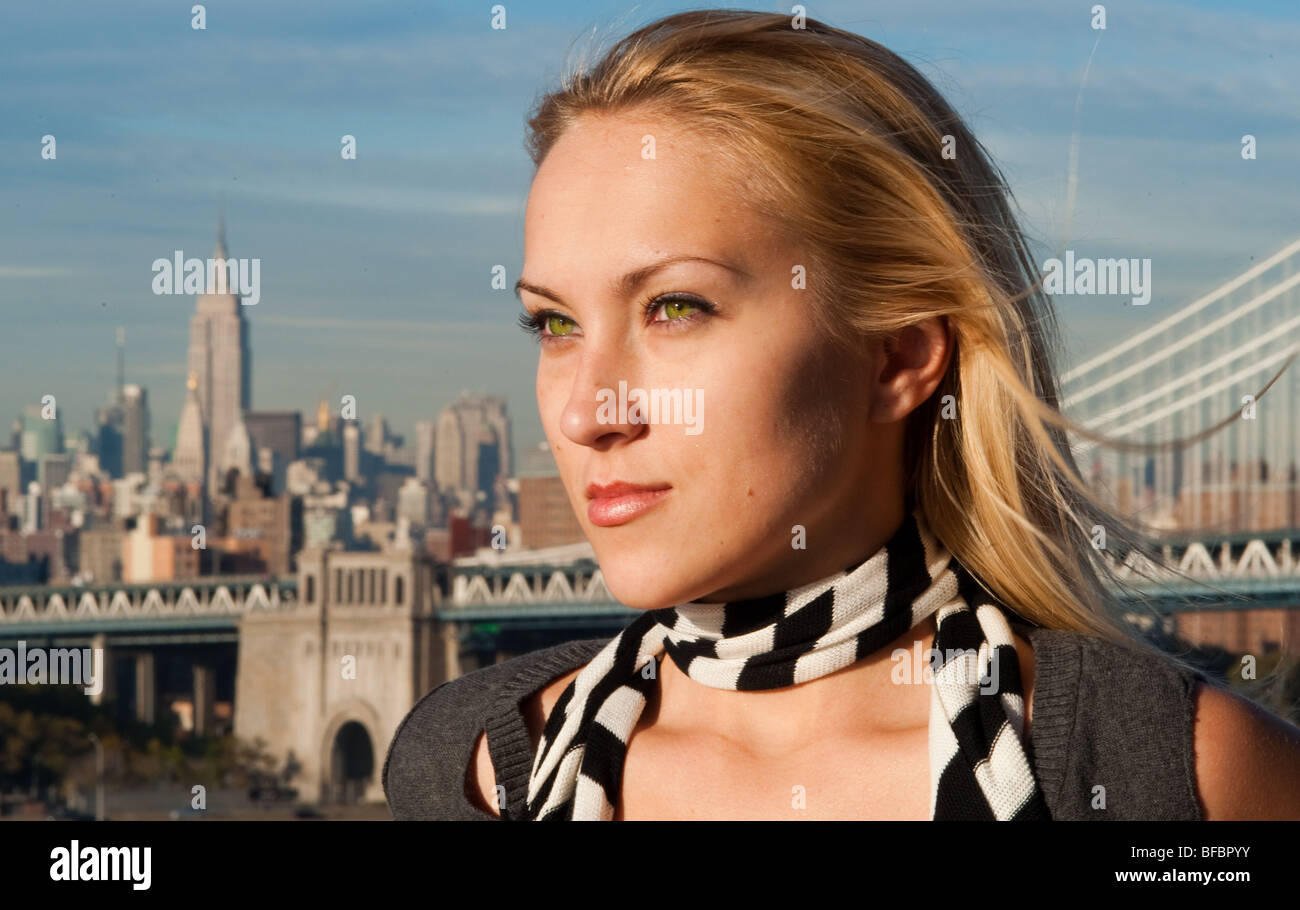 Blonde woman with New York City in Background Stock Photo