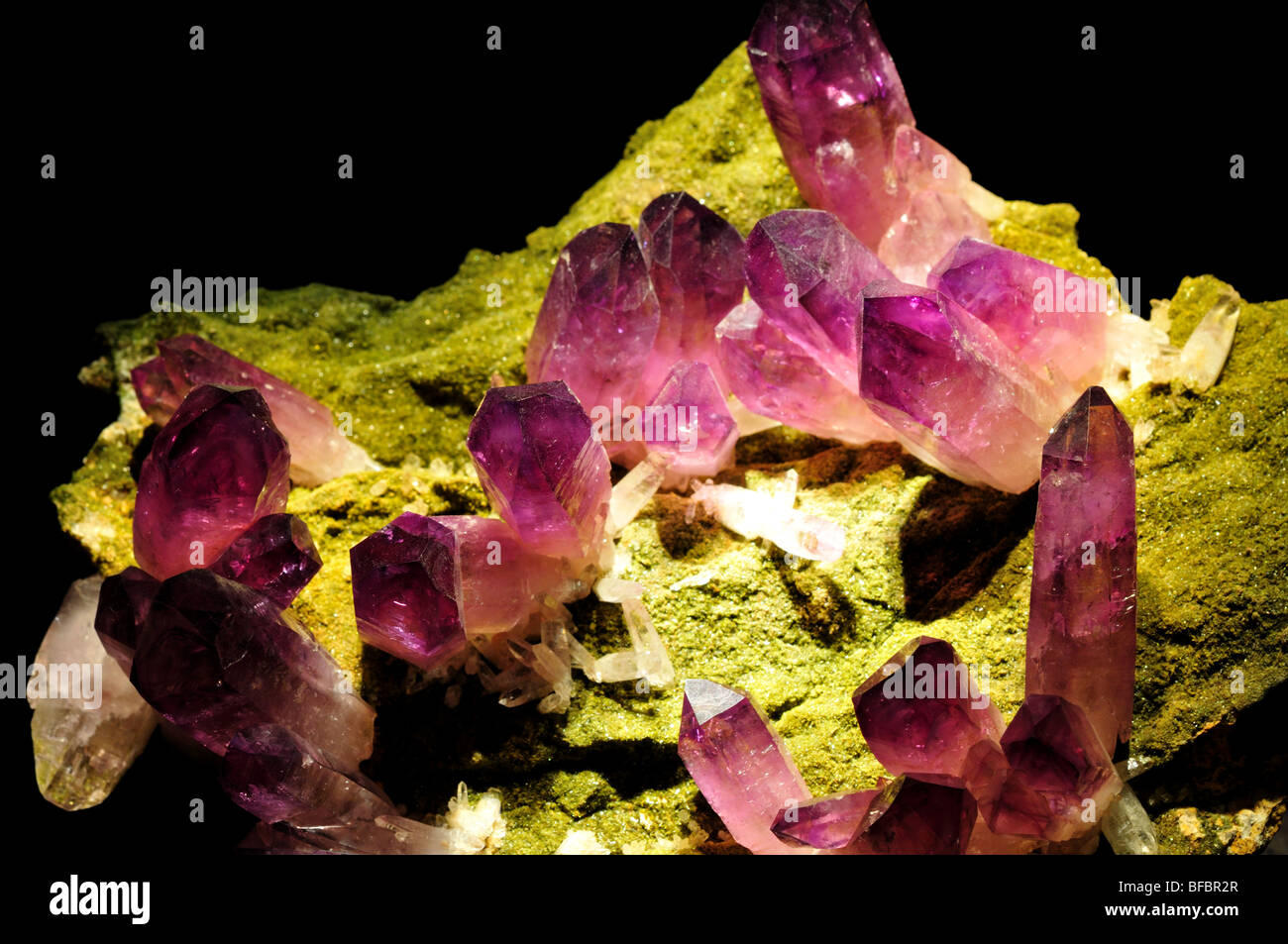 Purple crystals of amethyst. Stock Photo