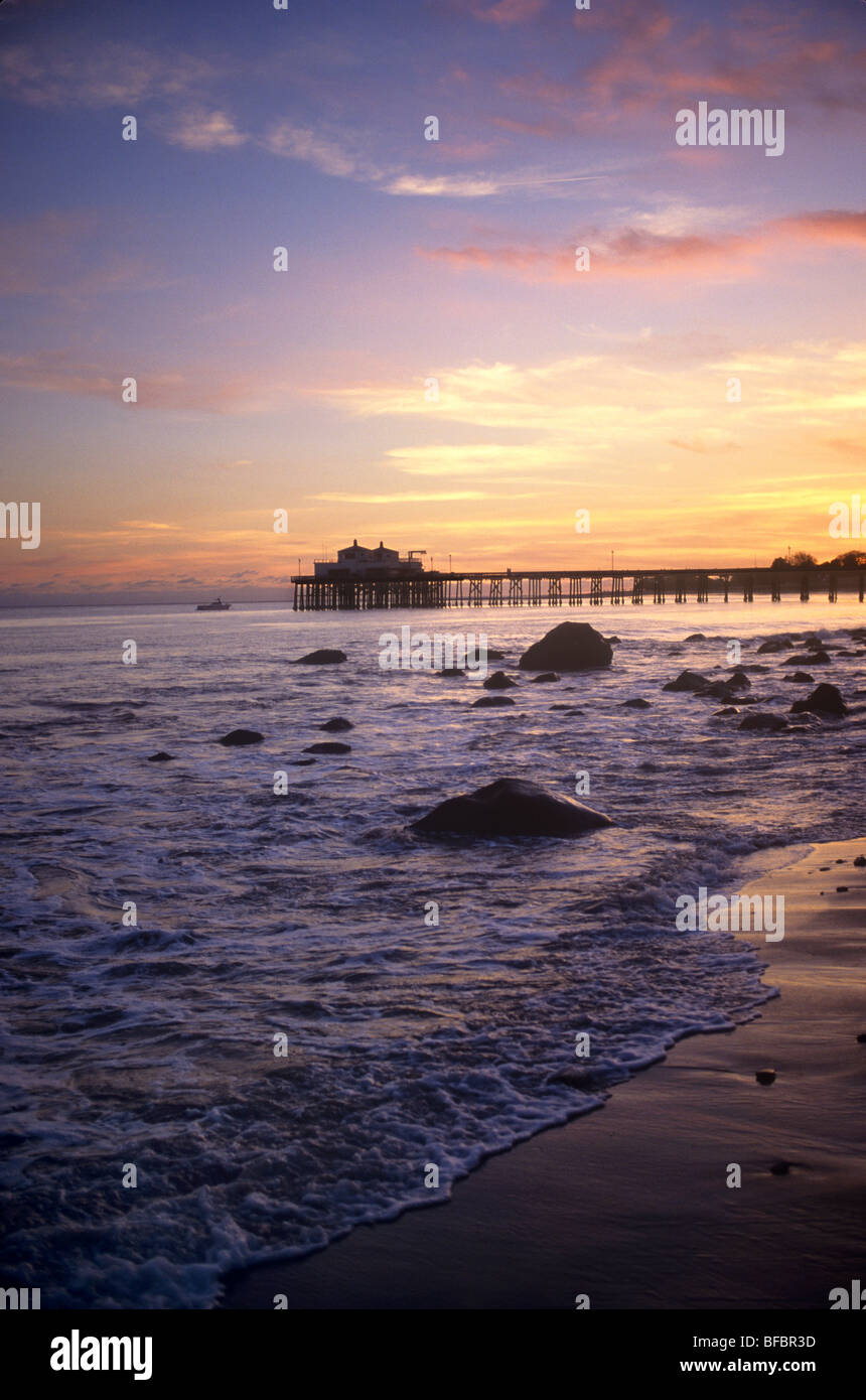 The Malibu Pier on the Southern California coast at sunset. Stock Photo