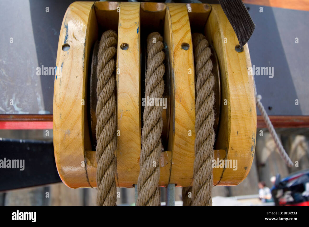 Pulley block aboard a sailboat Stock Photo Alamy