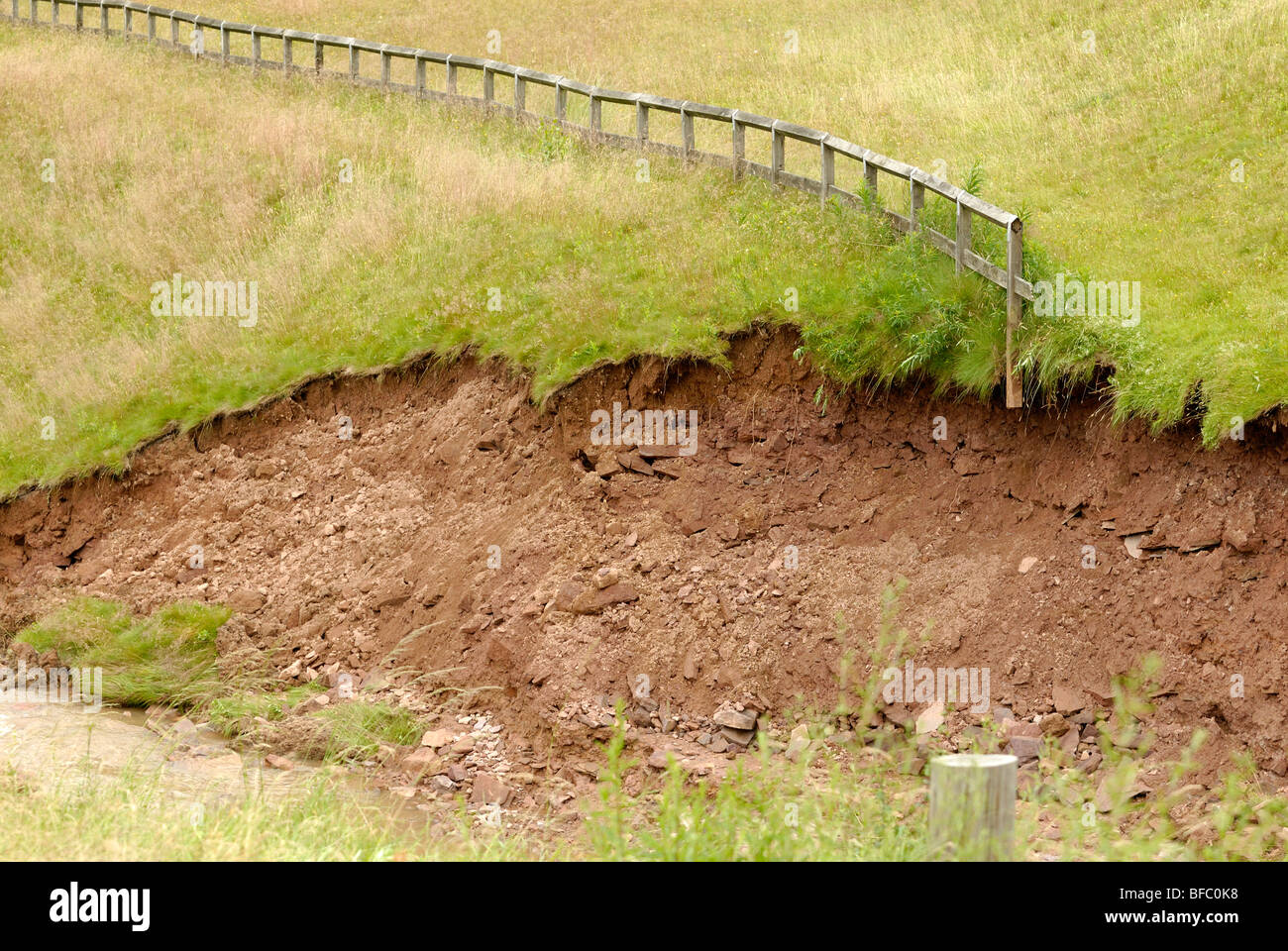 Soil erosion on partially collapsed dam wall Stock Photo