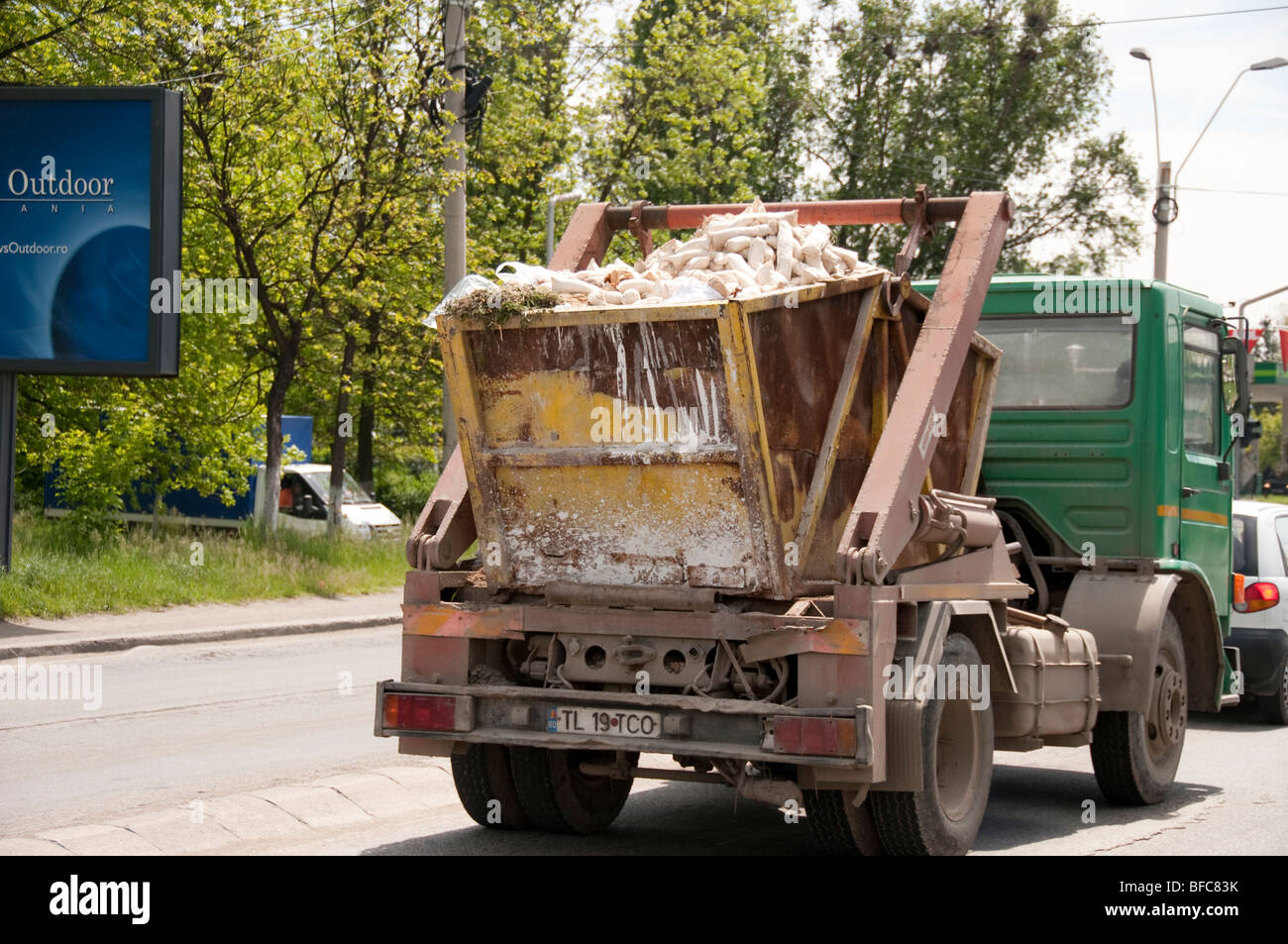 Hazardous chemical waste being transported dangerously on open lorry in Copsa Mica Romania Eastern Europe Stock Photo