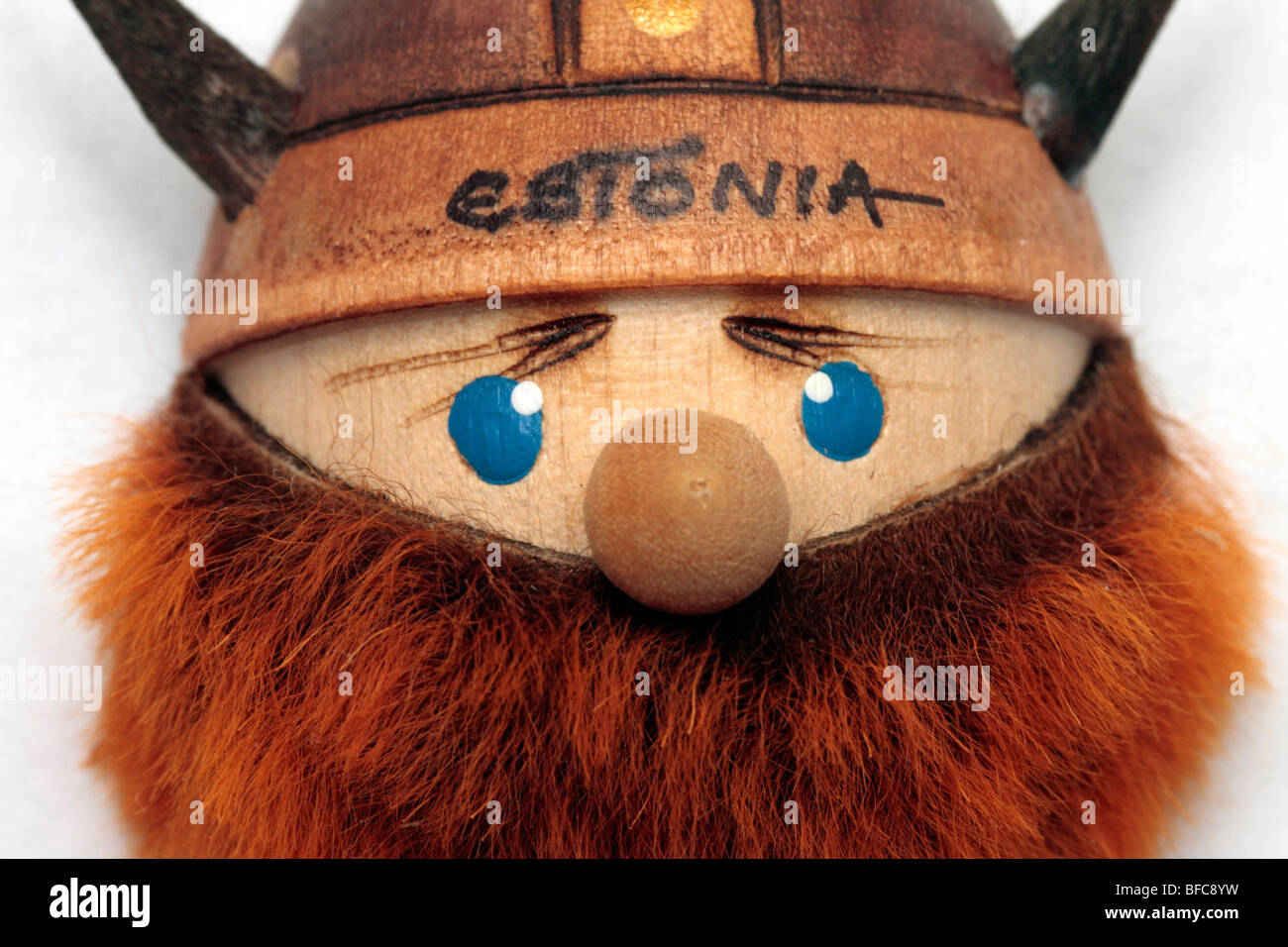 Refrigerator magnet souvenir from Estonia, man with Viking style hat and beard Stock Photo