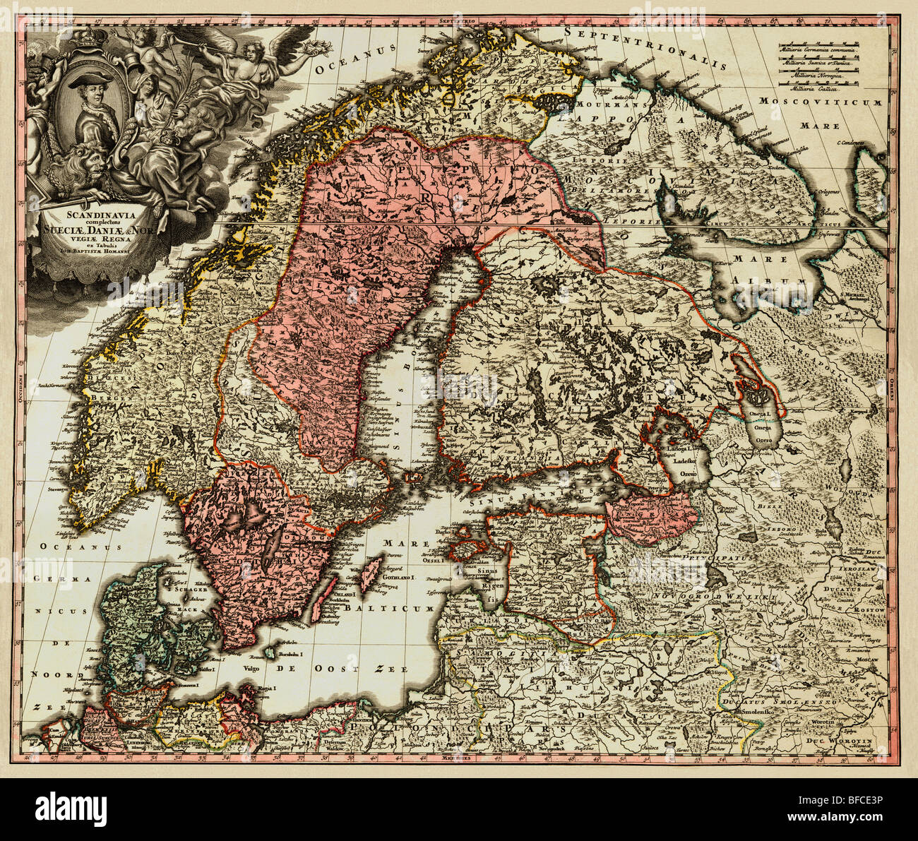 Old map of Scandinavia (18 centuries, Latin language). Stock Photo