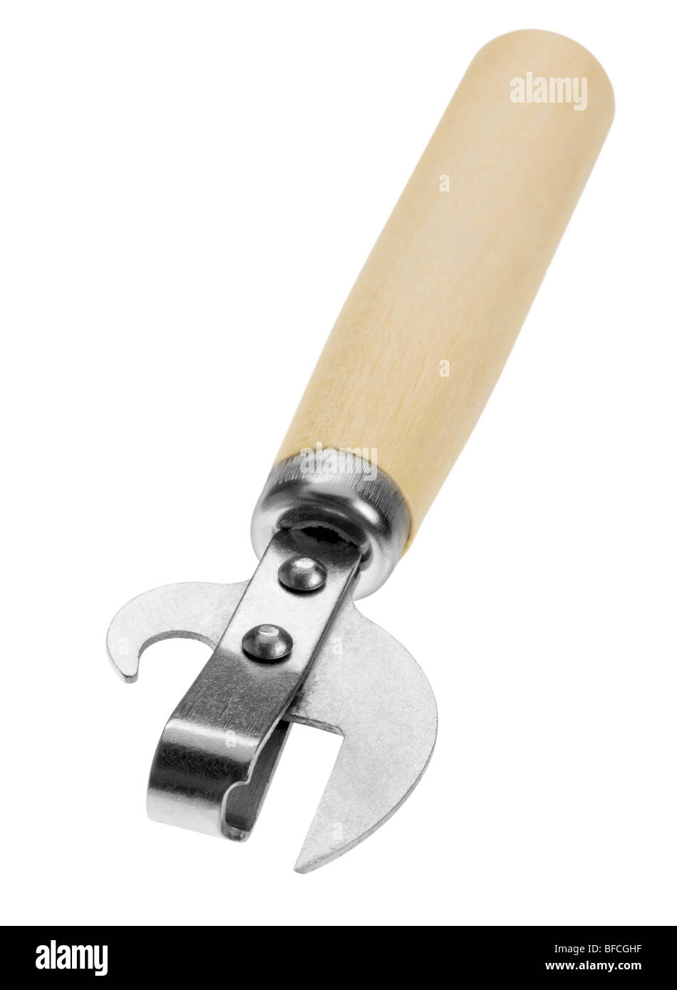 Metal opener preserves with wood handle on white Stock Photo
