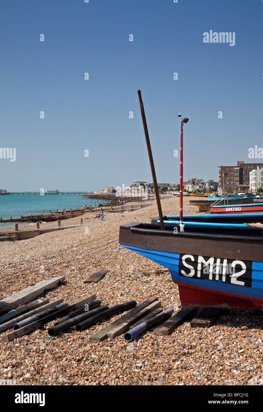 Fishing Boats on Beach at Worthing, West Sussex, England Stock Photo