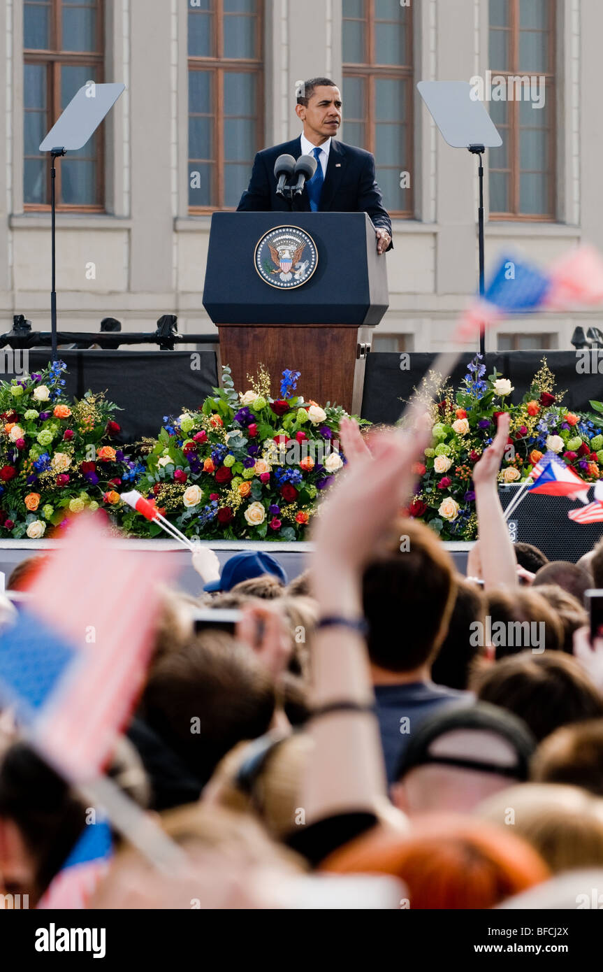 The US President Barack Obama giving the speech at Prague Castle in Prague, 4 April 2009. Stock Photo