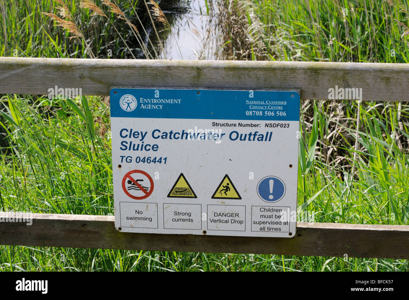 Cley Catchwater Outfall Sluice notice, Cley next the Sea, Norfolk, England, UK. Stock Photo