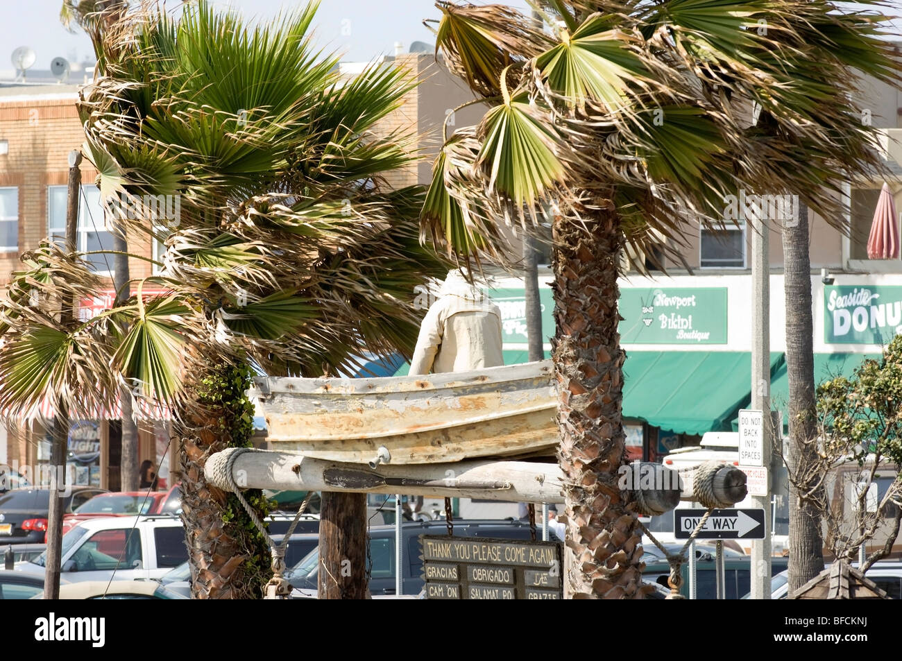 Newport Beach Dory Fishing Fleet Fisherman in a boat up in the Palm Trees Stock Photo