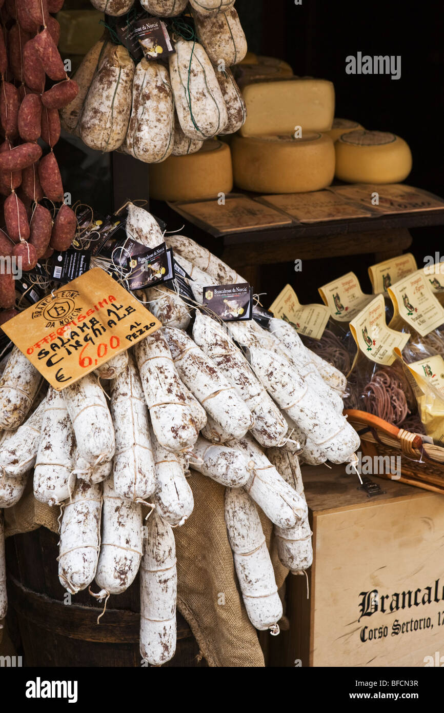 A Deli shop display of local foods Norcia Umbria Italy Stock Photo