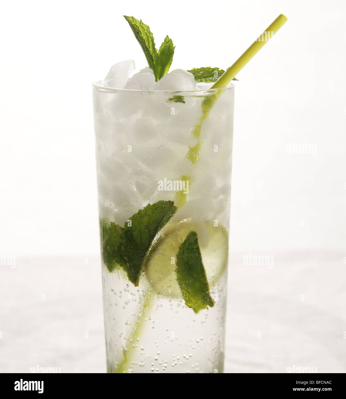 glass of club soda with lime juice, sugar syrup and mint Stock Photo