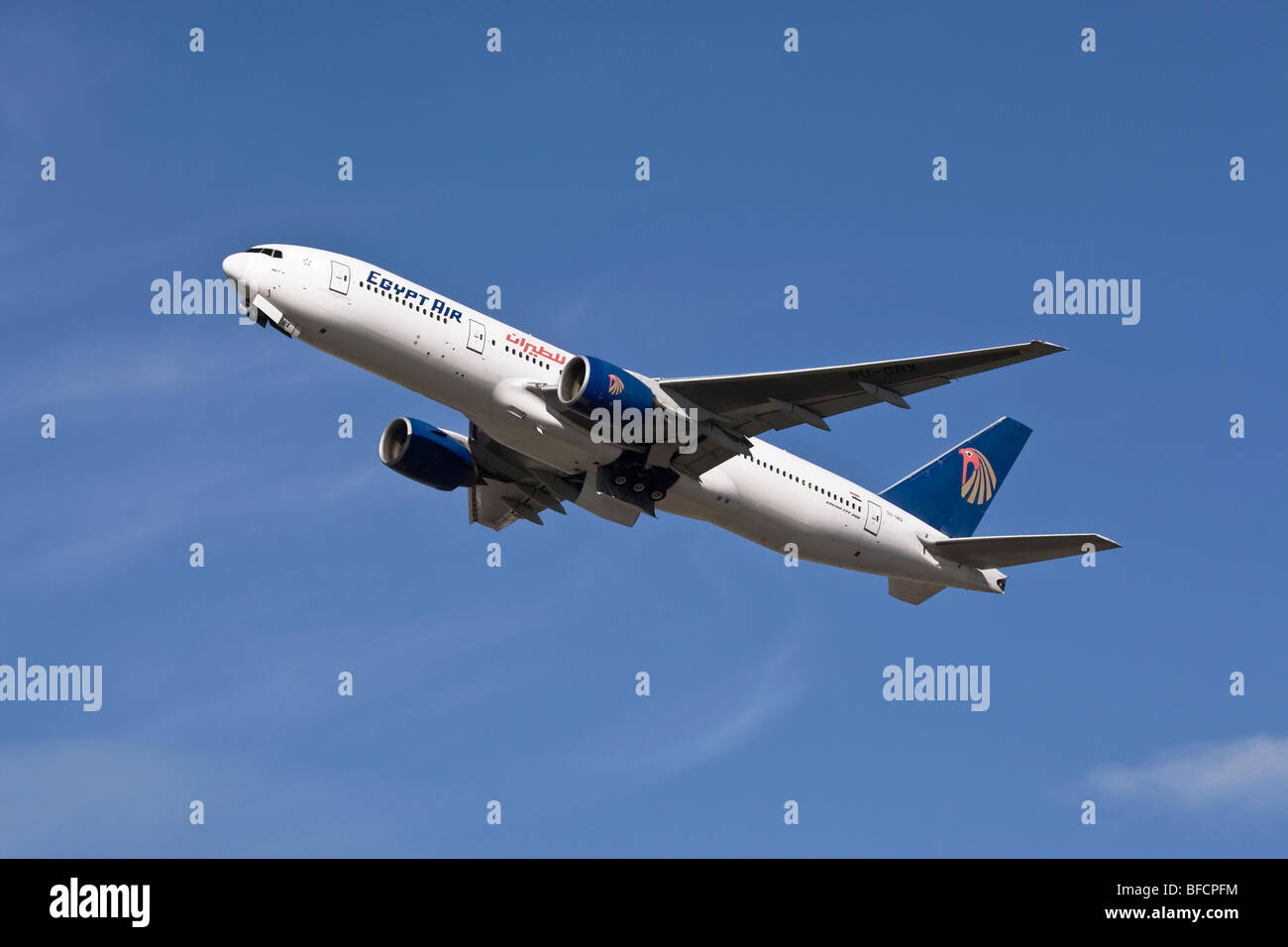 A Boeing B777 of the Egyptian airline Egyptair on departure Stock Photo