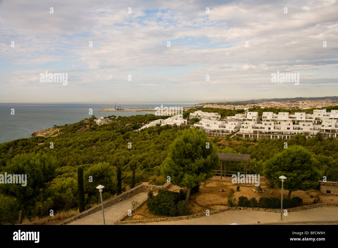Holiday villas and apartments by the coast in a suburb of Barcelona, Spain. Stock Photo
