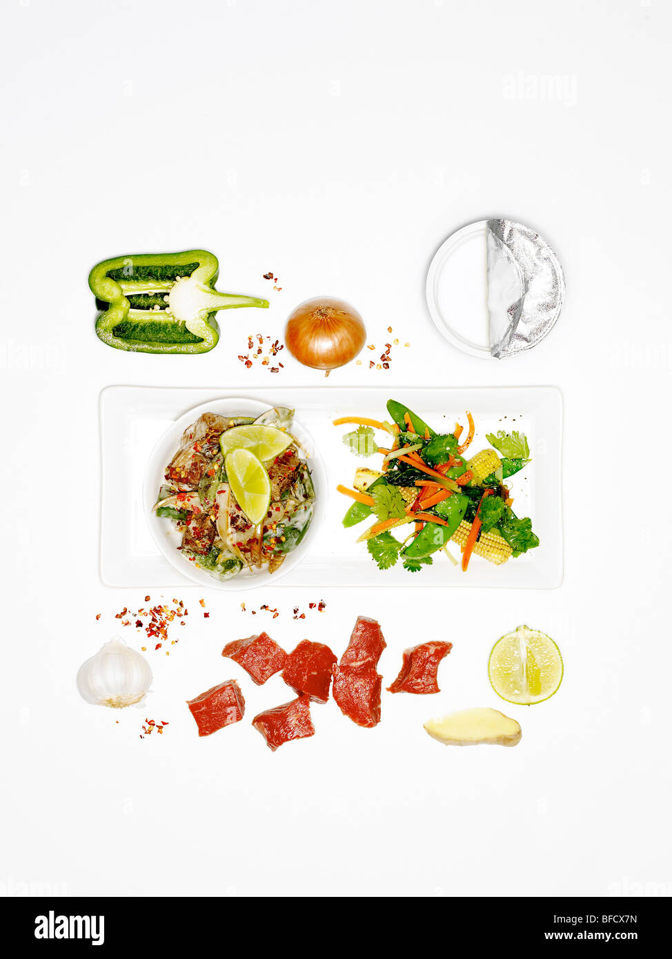 Salad with beef, a light meal suitable for weight loss, with ingredients Stock Photo