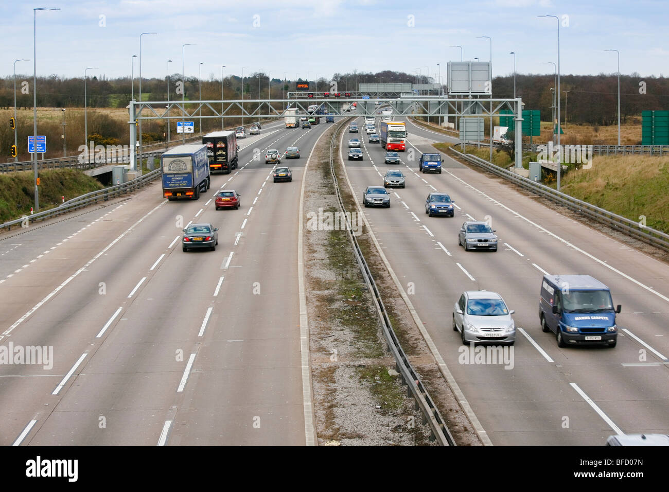 Traffic traveling on the motorway networks around the West Midlands. Stock Photo