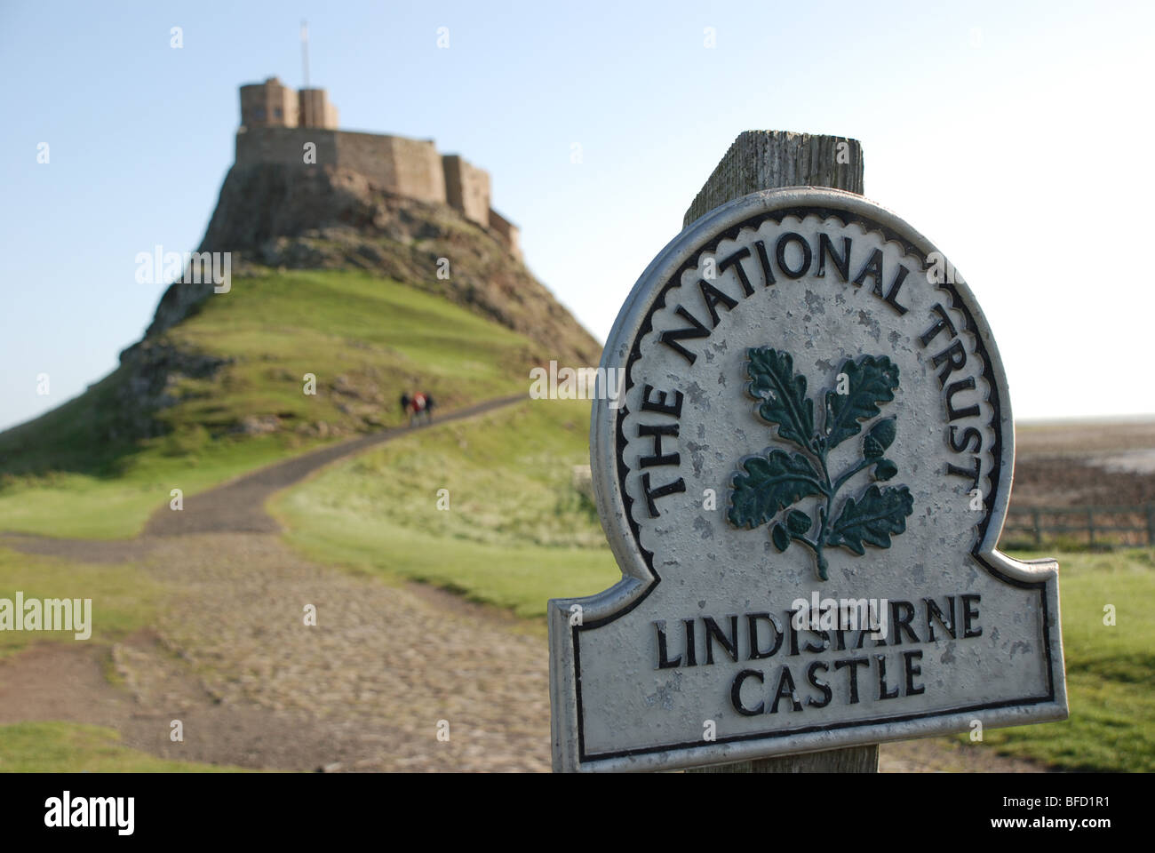 Lindisfarne Castle, Holy Island, Northumberland National Trust Sign Stock Photo